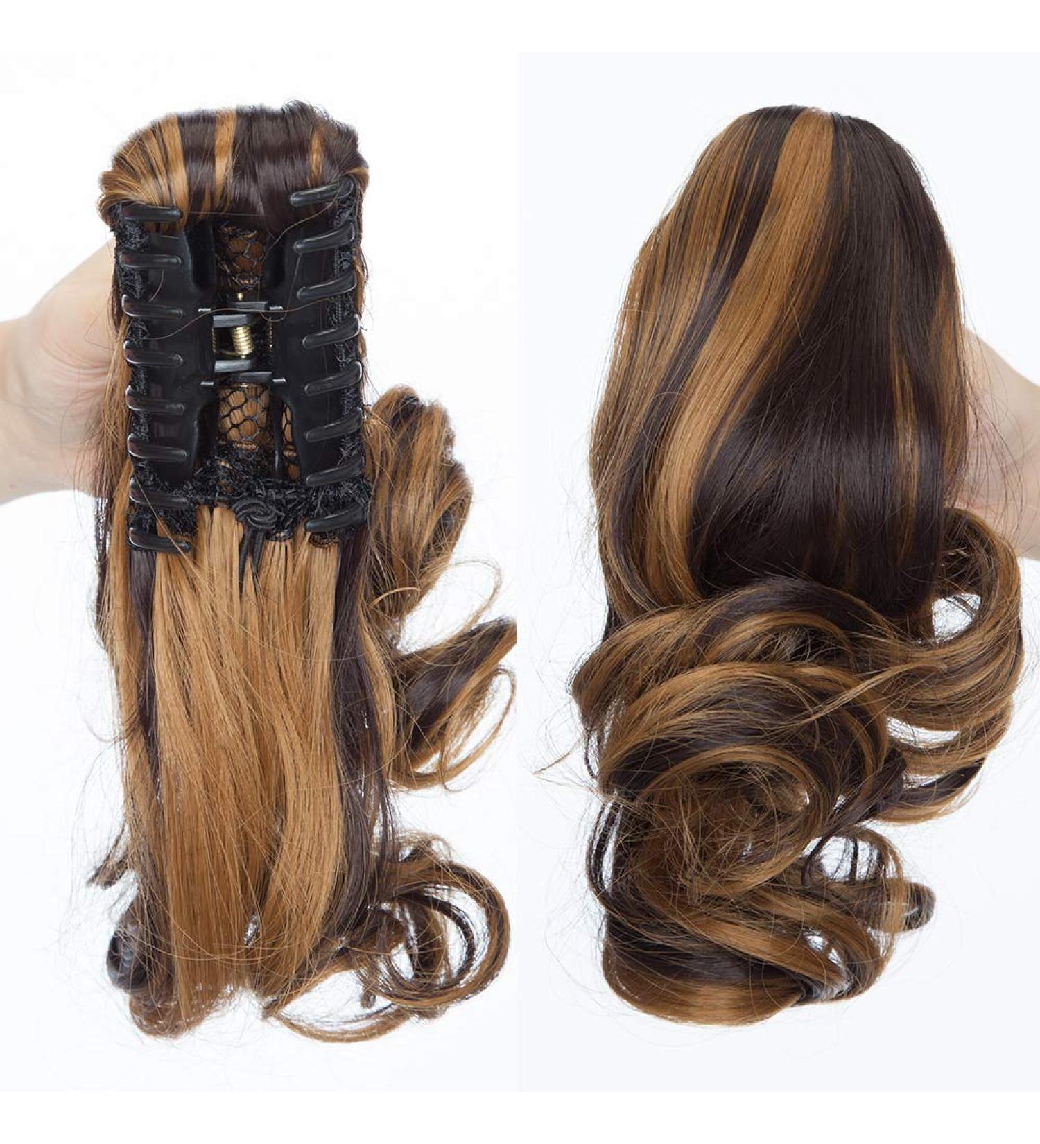 SEGO Ponytail Extension - Pfervie Hair Part Wavy Top Piece Dark Brown & Sandy Blonde 110G-12 (30cm) - voluminous real hair look - Buy Online on GoSupps.com