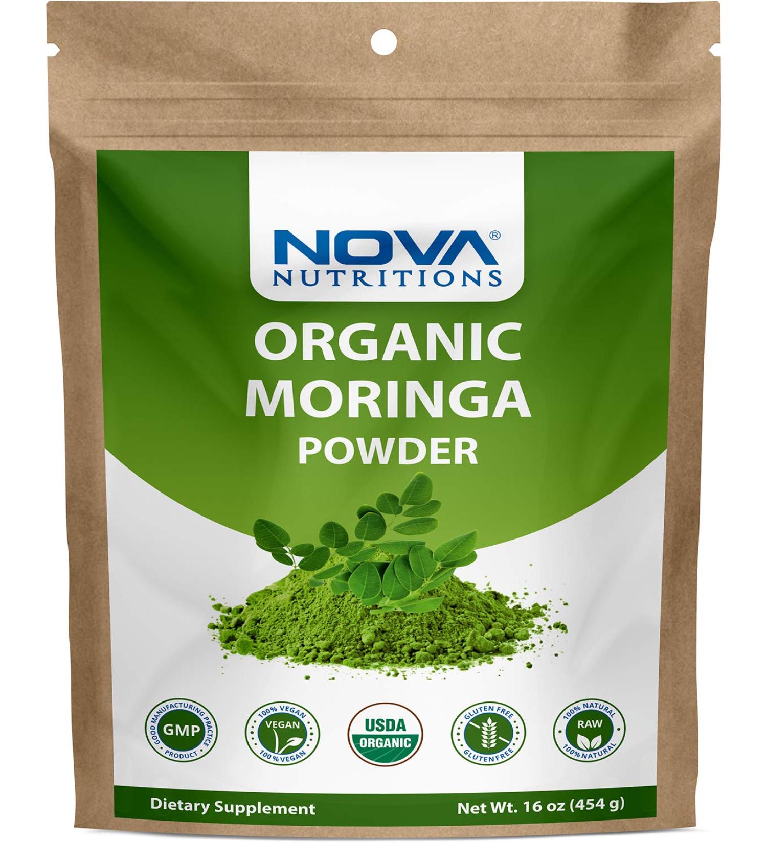 Nova Nutritions Certified Organic Moringa Oleifera Leaf Powder 16 OZ - Superfood Green Powder - Buy Online on GoSupps.com