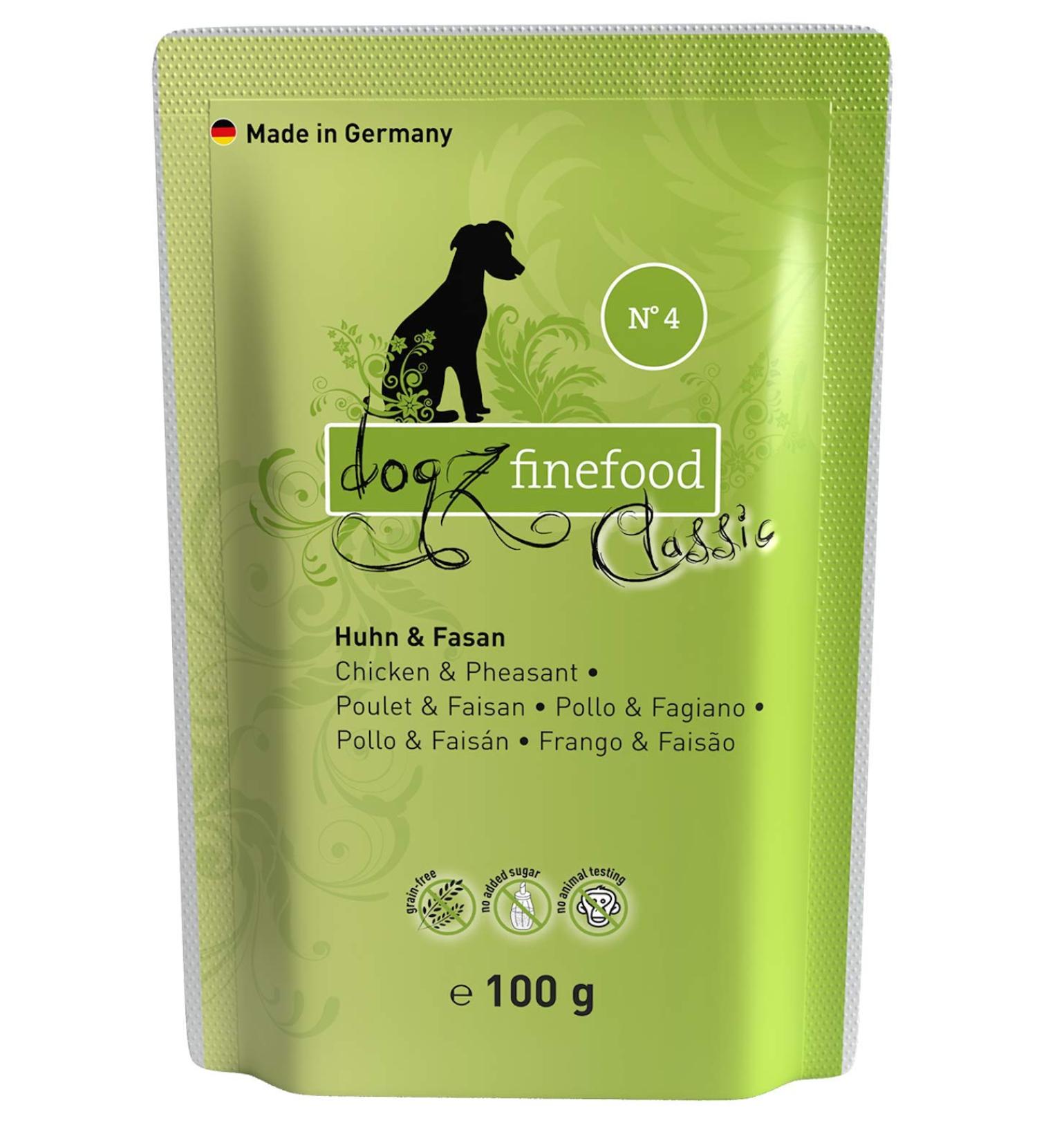 Dogz Finefood Wet Dog Food - N 4 Chicken & Pheasant - Grain-Free Sugar-Free High Meat Content - 12 x 100g Bags - Delicatessen Food for Dogs & Puppies - Buy Online on GoSupps.com