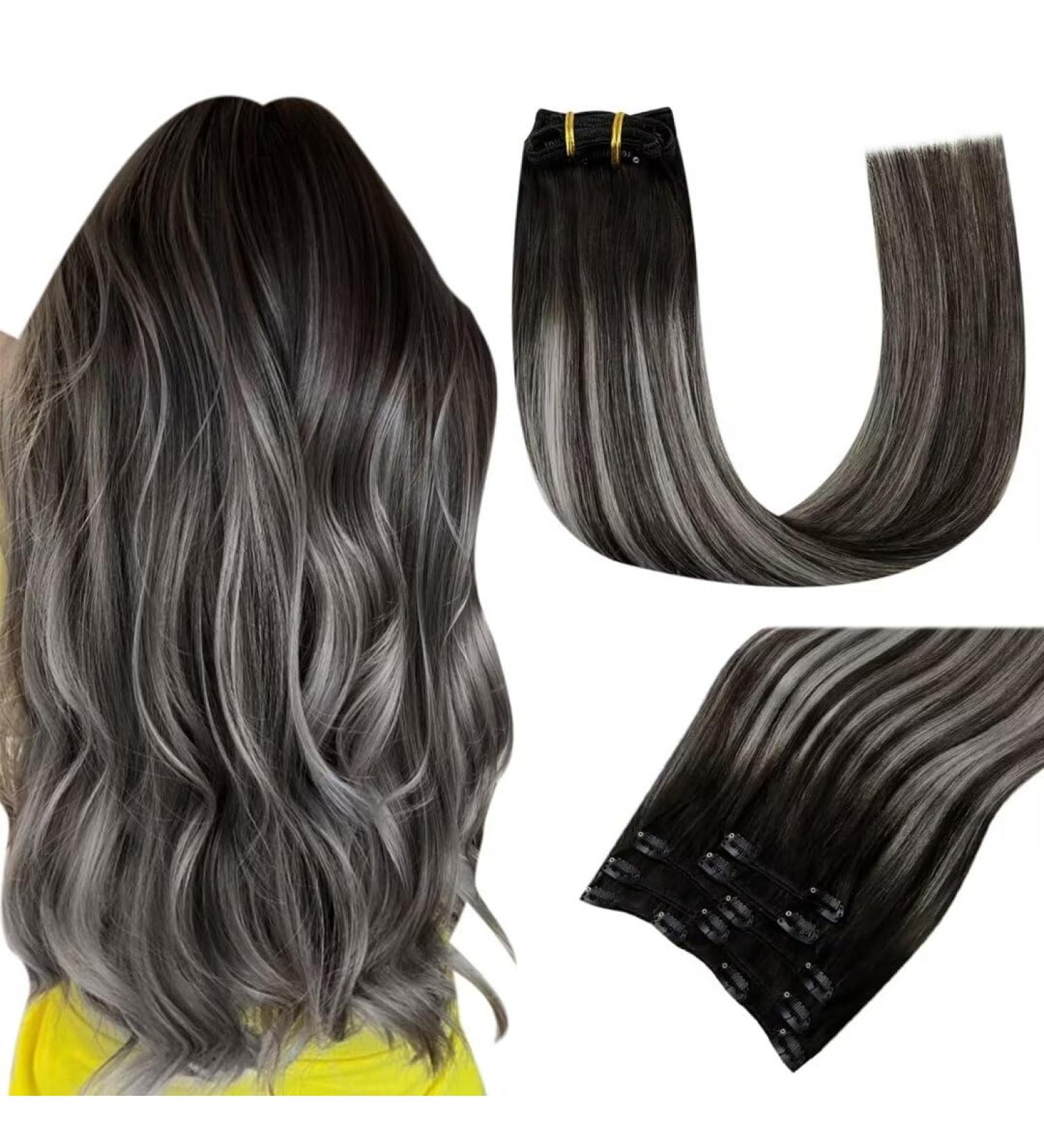 Easyouth Black Silver Clip in Hair Extensions 18 Inch Ombre Real Human Hair Balayage 5Pcs 70g - Black to Silver Clip Ins #1B/Silver - Buy Online on GoSupps.com