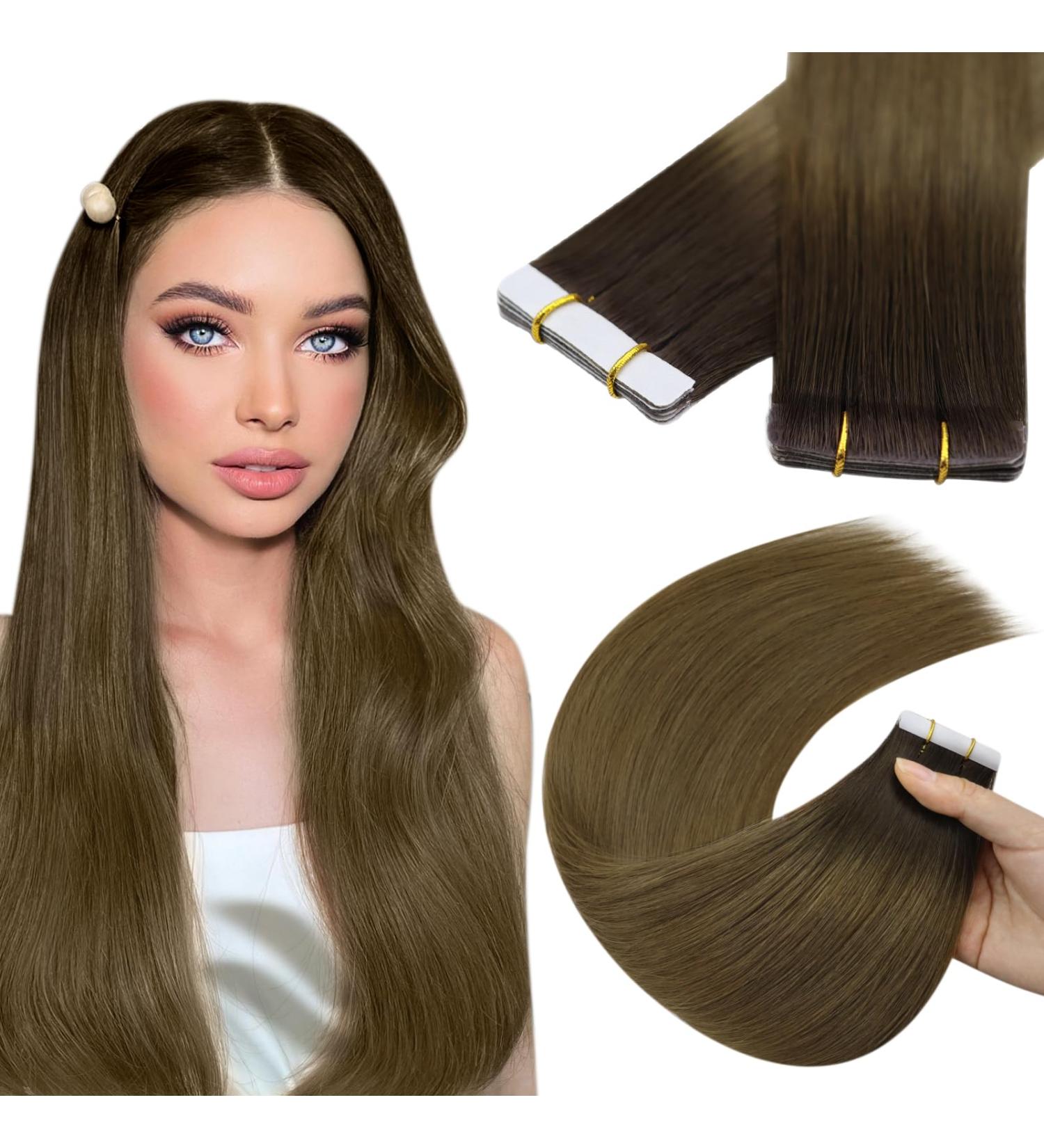Youngsee 50cm Real Hair Tape Extensions - Darker Brown Ombre Light Brown Skin Weft 5pcs Virgin Hair #R3/8 - Buy Online on GoSupps.com