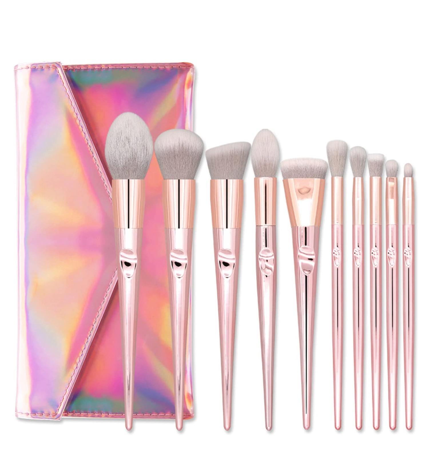 10-Piece Metal Luster Handle Makeup Brush Set with Storage Bag - Eyeshadow Foundation & Powder Cosmetic Tools - Buy Online on GoSupps.com