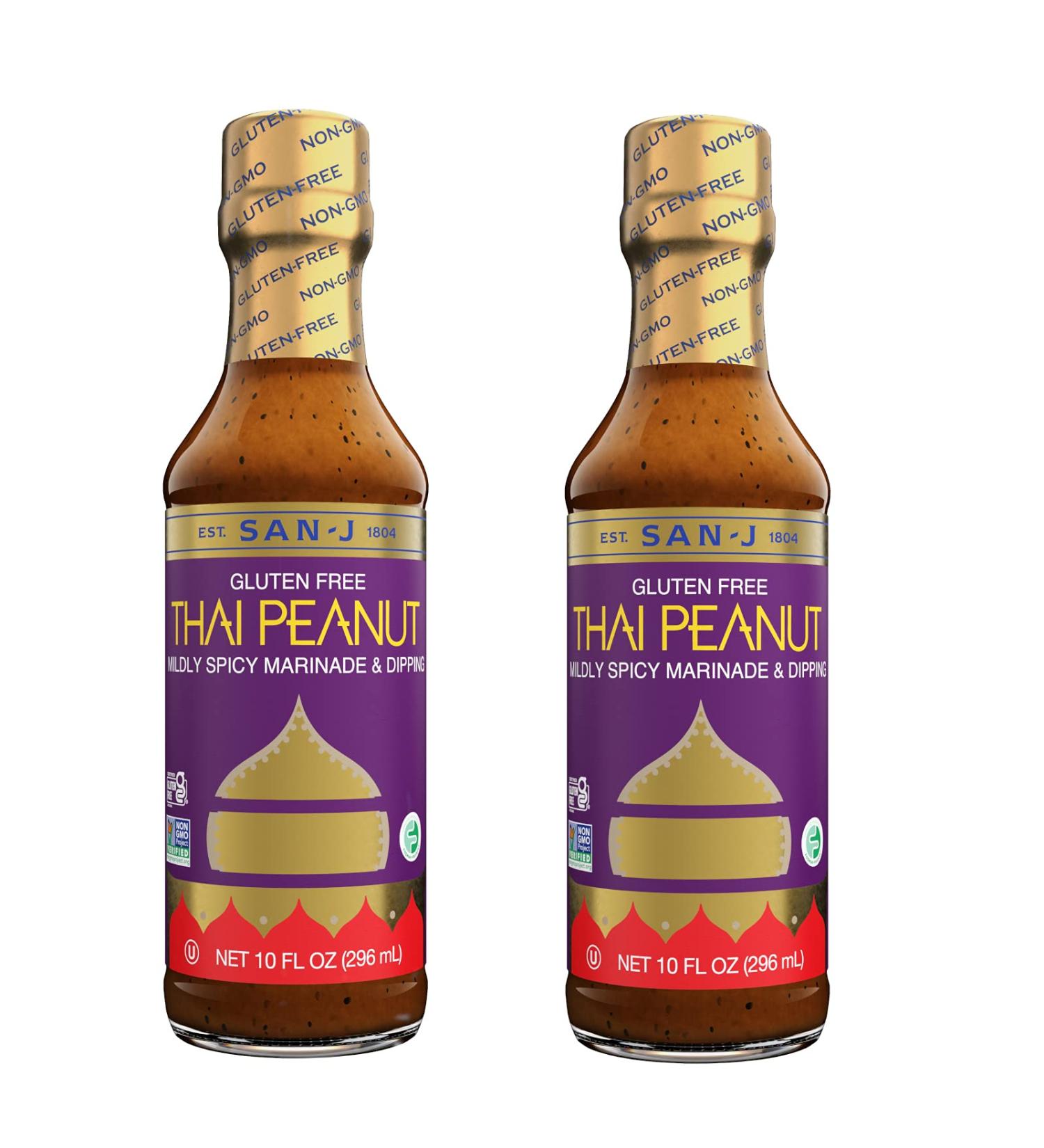 San-J Gluten Free Thai Peanut Sauce | Mildly Spicy Dipping Sauce | 10 Fl Oz (Pack of 2) | Kosher, Non GMO, No Artificial Preservatives | FODMAP Friendly - Buy Online on GoSupps.com