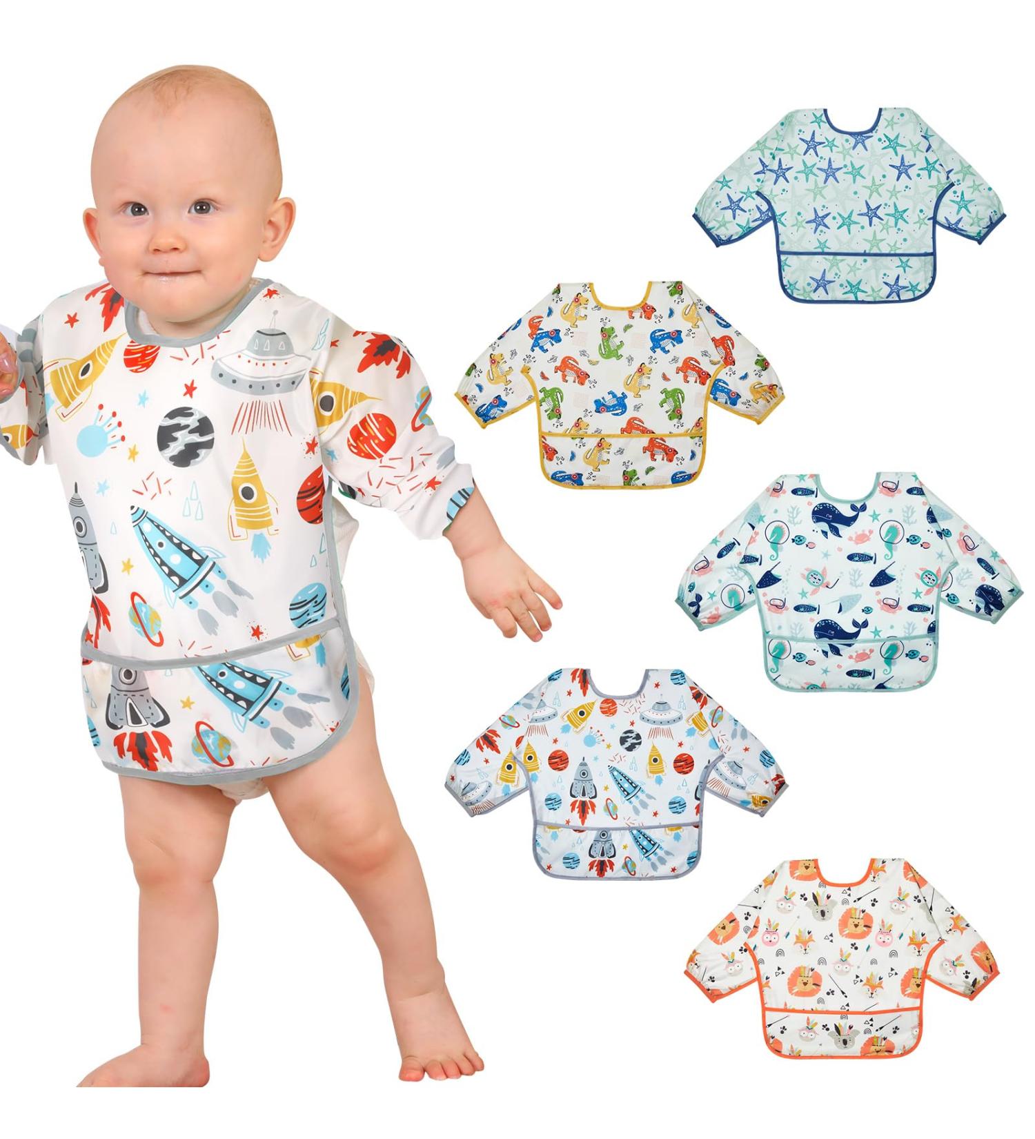 Lictin Waterproof Long Sleeve Baby Bibs 5 Pcs - Unisex Feeding Bibs for Infant Toddler 0-2 Years - Cute Cartoon Design - Multicolor - Buy Online on GoSupps.com