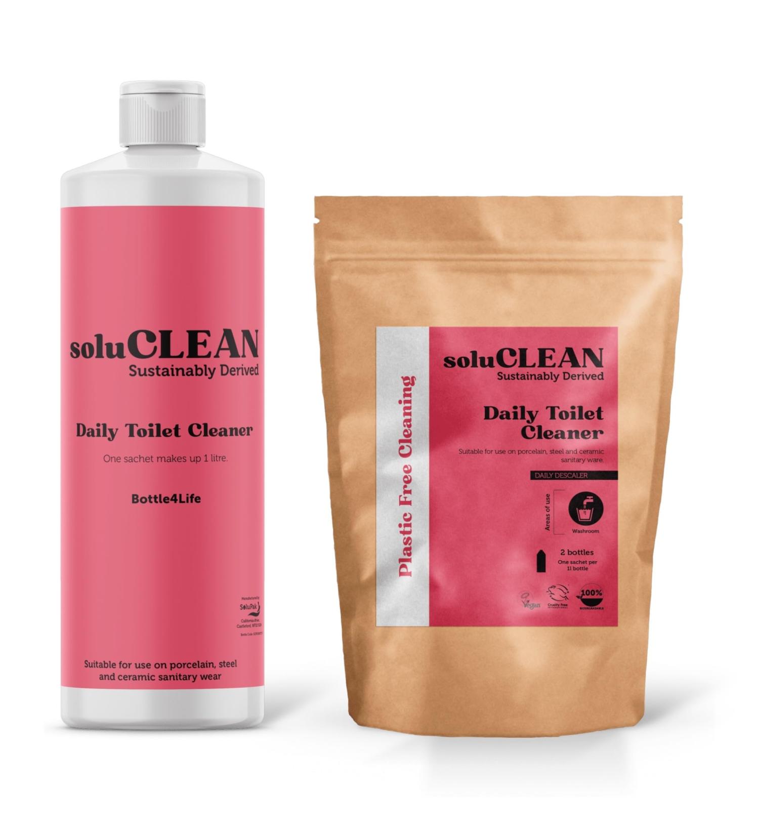 Soluclean Starter Kit Daily Toilet Cleaner 1 Litre Reusable Bottle and One Packet of 10 Sachets Plastic Free Cleaning - Buy Online on GoSupps.com