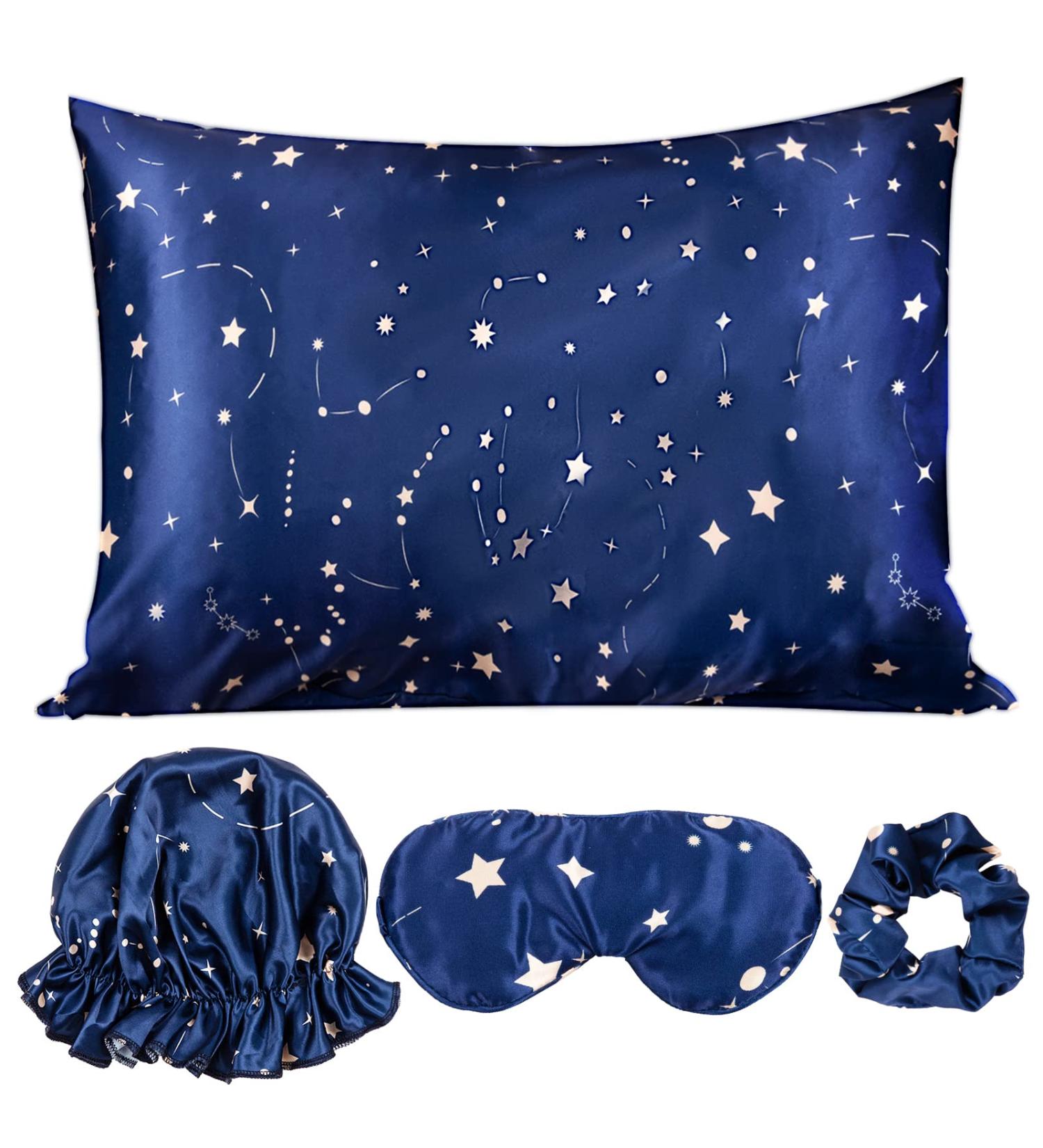 Whaline 4Pcs Body Silk Satin Pillowcase Set with Eye Mask, Scrunchie, and Hair Cap | Starry Dark Blue Sky Theme | Hypoallergenic and Soft Pillow Cover for Hair and Skin - Buy Online on GoSupps.com