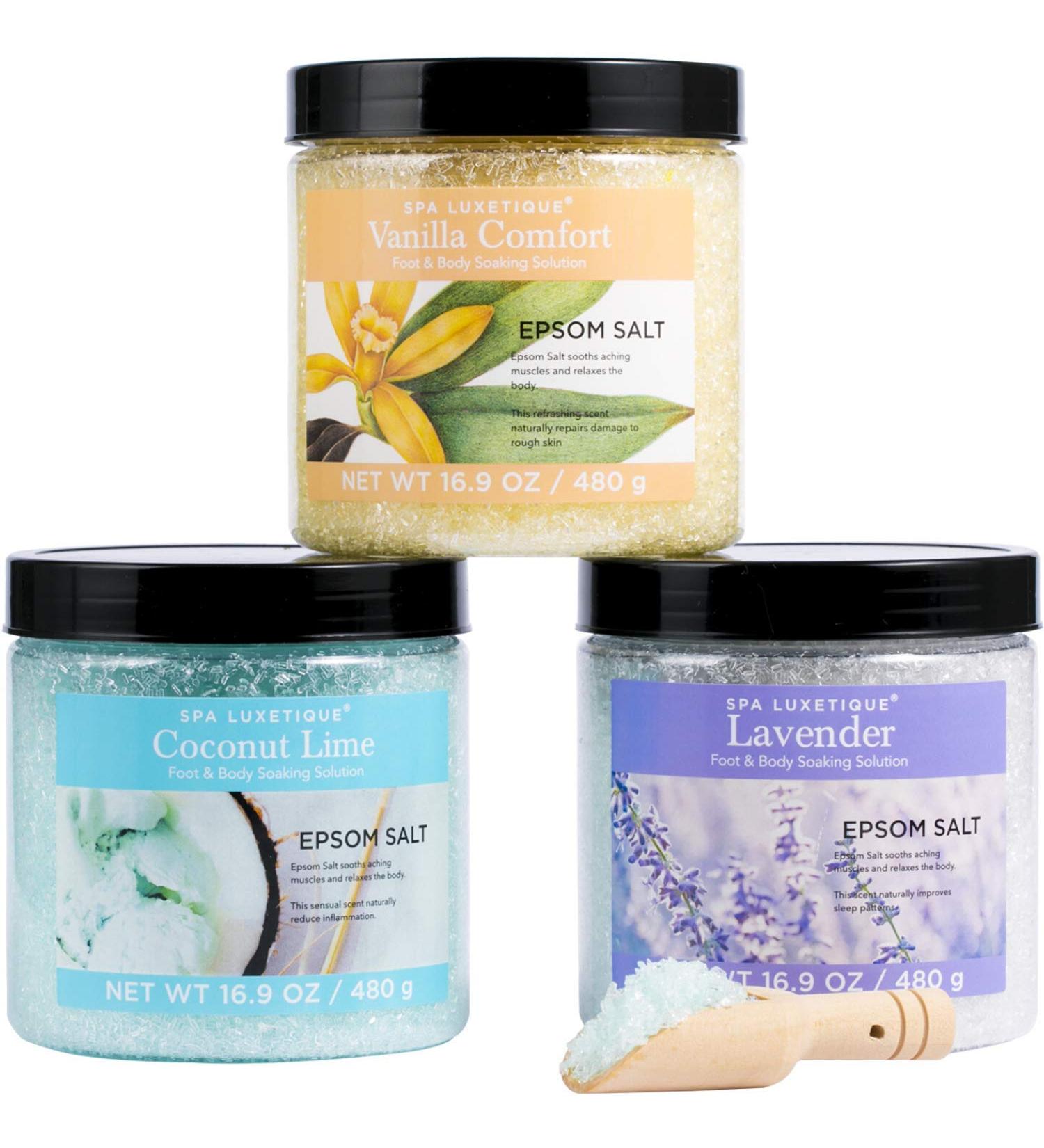 Spa Luxetique Bath Salt 3 x 480g Premium Pure & Natural Epsom Salts for Soaking Bath Salt for Women Include Lavender Vanilla Coconut Lime Nourishing Christmas Birthday Gifts Idea for Women 480 g (Pack of 3) - Buy Online on GoSupps.com