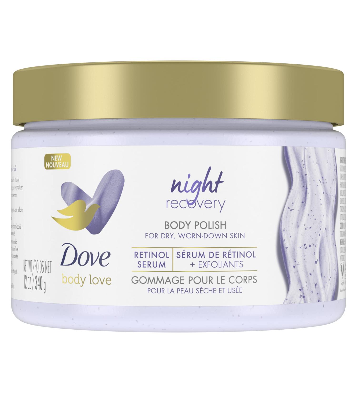 Dove Body Love Body Scrub for dry worn-down skin Night Recovery body scrub with Retinol Serum and Exfoliants 340 g/11.9oz - Buy Online on GoSupps.com