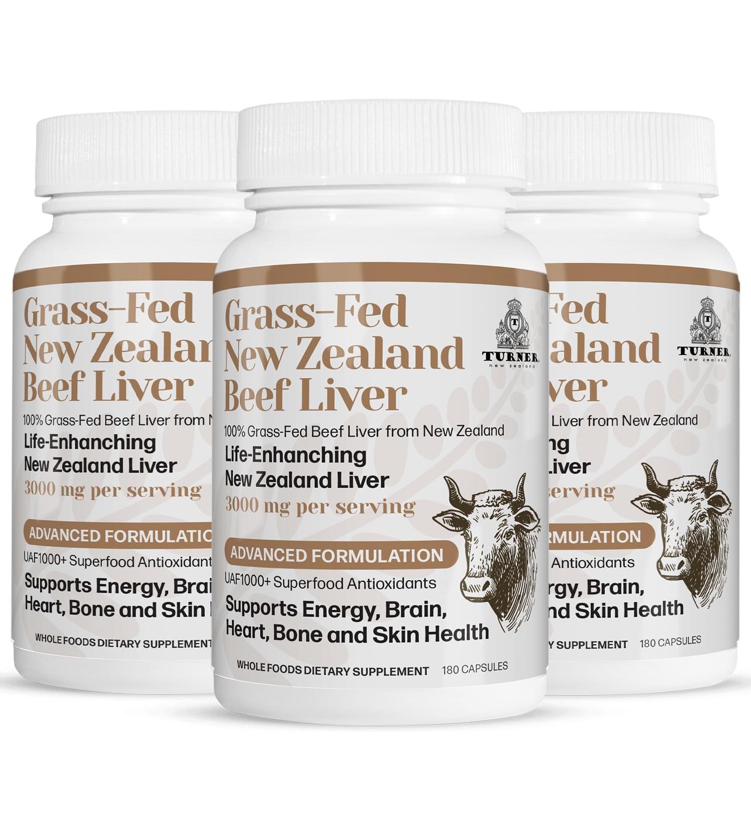 TURNER New Zealand 100% Live-Grass-Fed Beef Liver 540 Capsules Supports Energy Production Detoxification Digestion Immunity and Full Body Wellness Non-GMO 3000mg