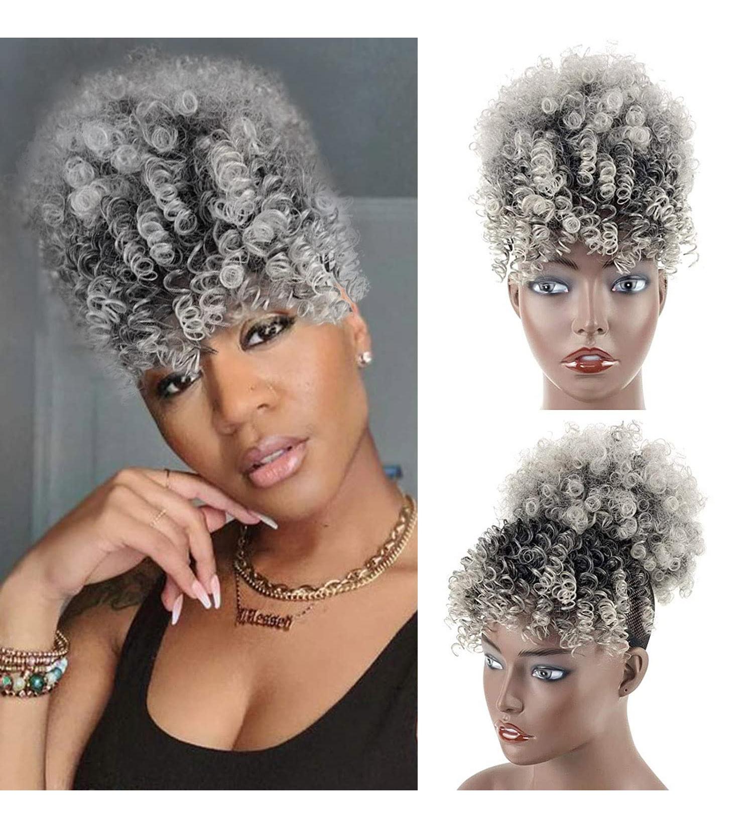 Gray Afro Puff Drawstring Ponytail with Bangs - Salt and Pepper Afro High Puff Bun for Women - Short Kinky Curly Hair Bun - Synthetic Ponytail Extension (T1B/Gray) - Buy Online on GoSupps.com
