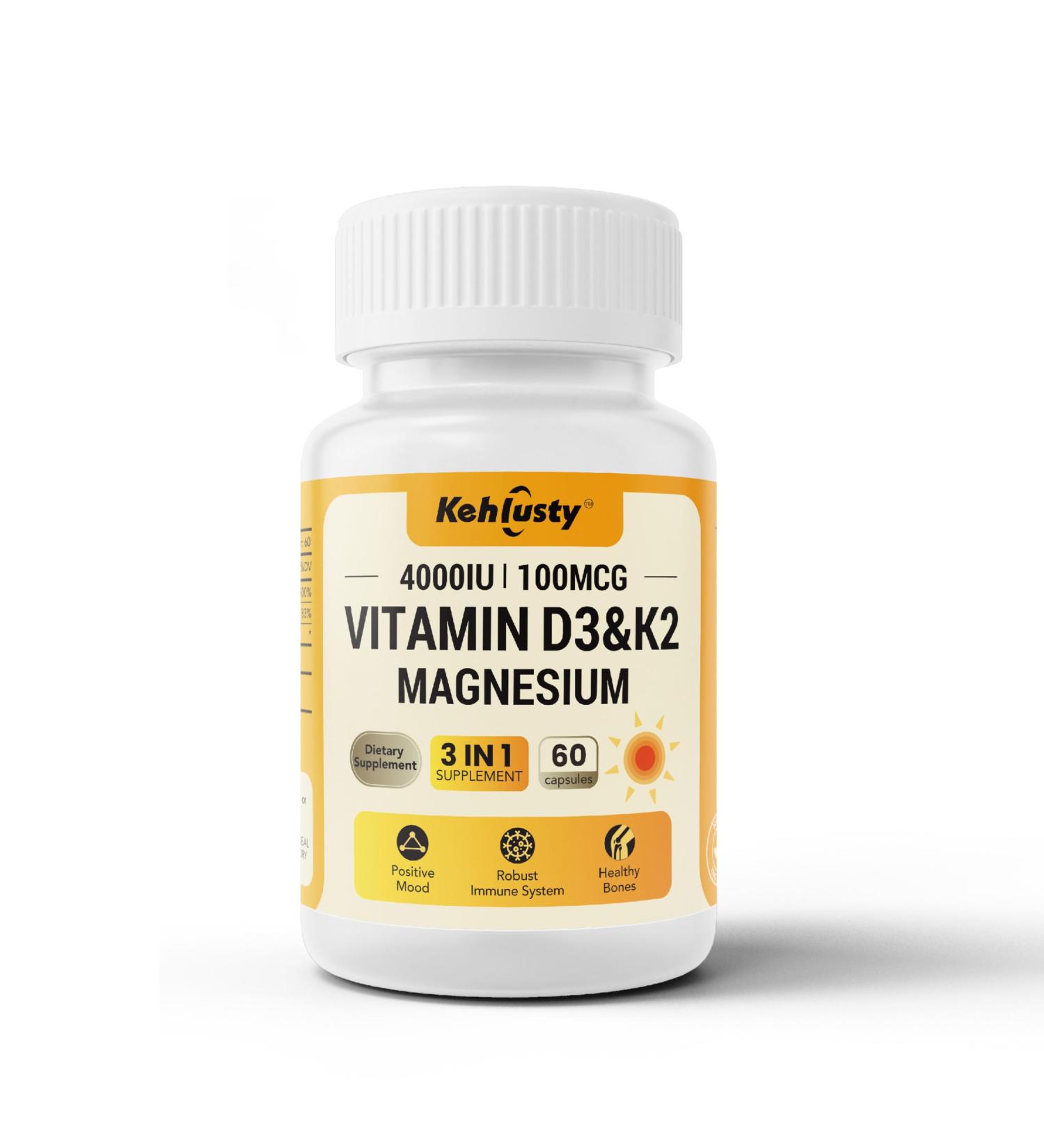 KEHLUSTY Vitamin D3 4000 iu and K2 Mk7 with Magnesium Glycinate Supplements for Women & Men Vegan 60 Capsules - Buy Online on GoSupps.com
