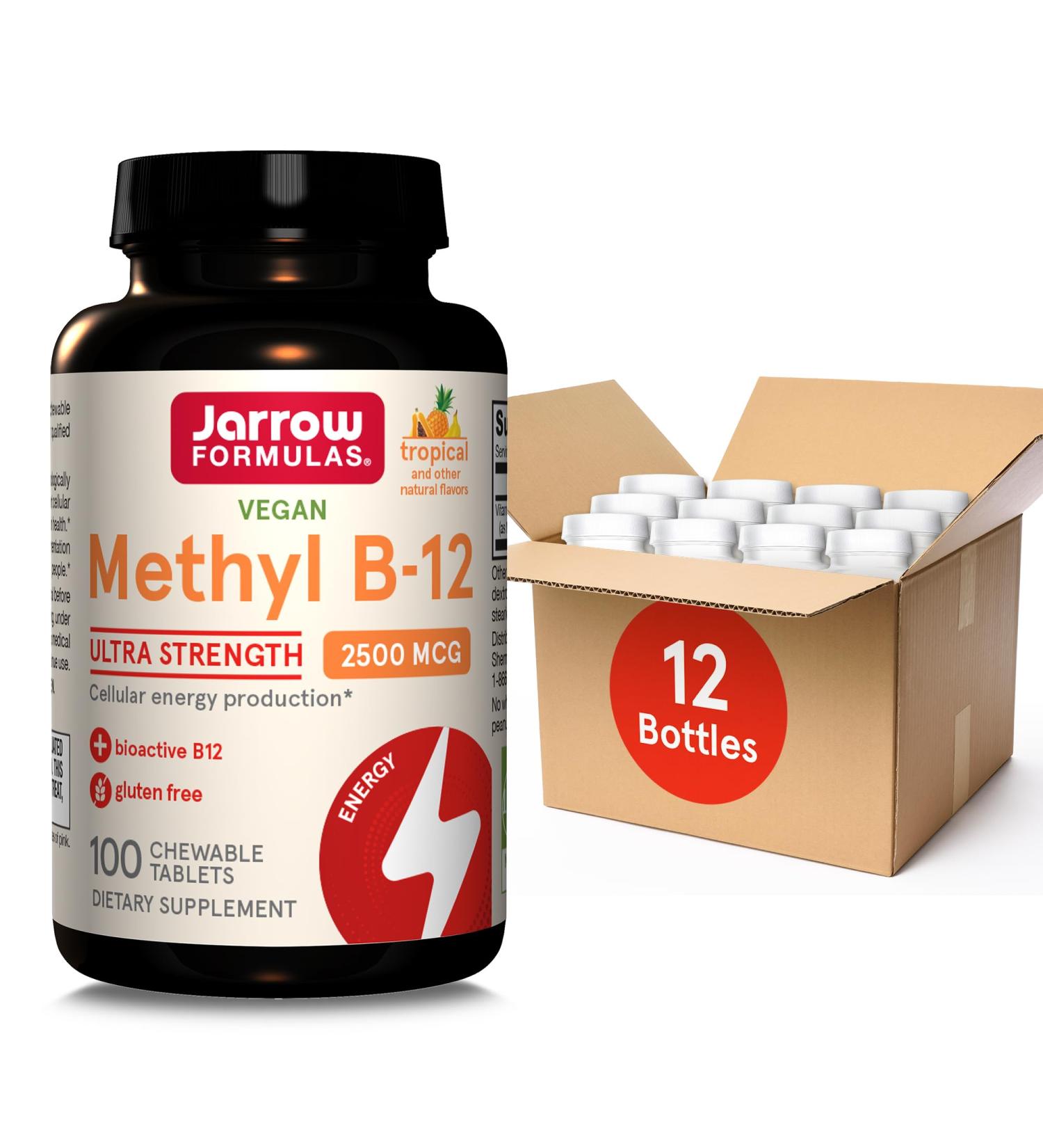 Jarrow Formulas Ultra Strength Methyl B-12 Dietary Supplement for Cellular Energy Production 100 Tropical-Flavored Chewable Tablets Up to a 100 Day Supply Pack of 12 - Buy Online on GoSupps.com