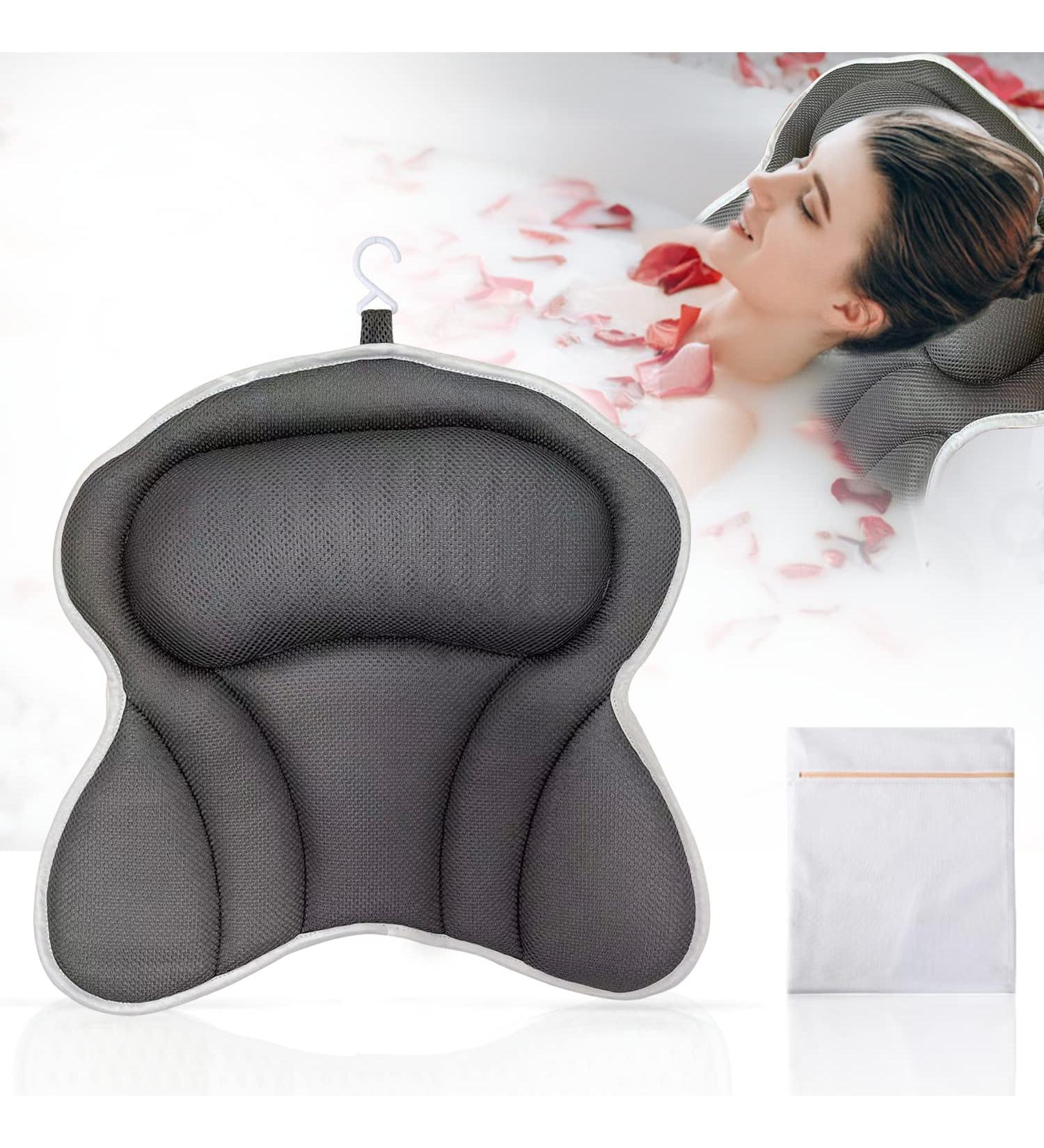 Grey Square Bath Pillow - Ergonomic Neck and Back Support, Quick Dry 4D Mesh Tub Cushion with Suction Cups - Buy Online on GoSupps.com