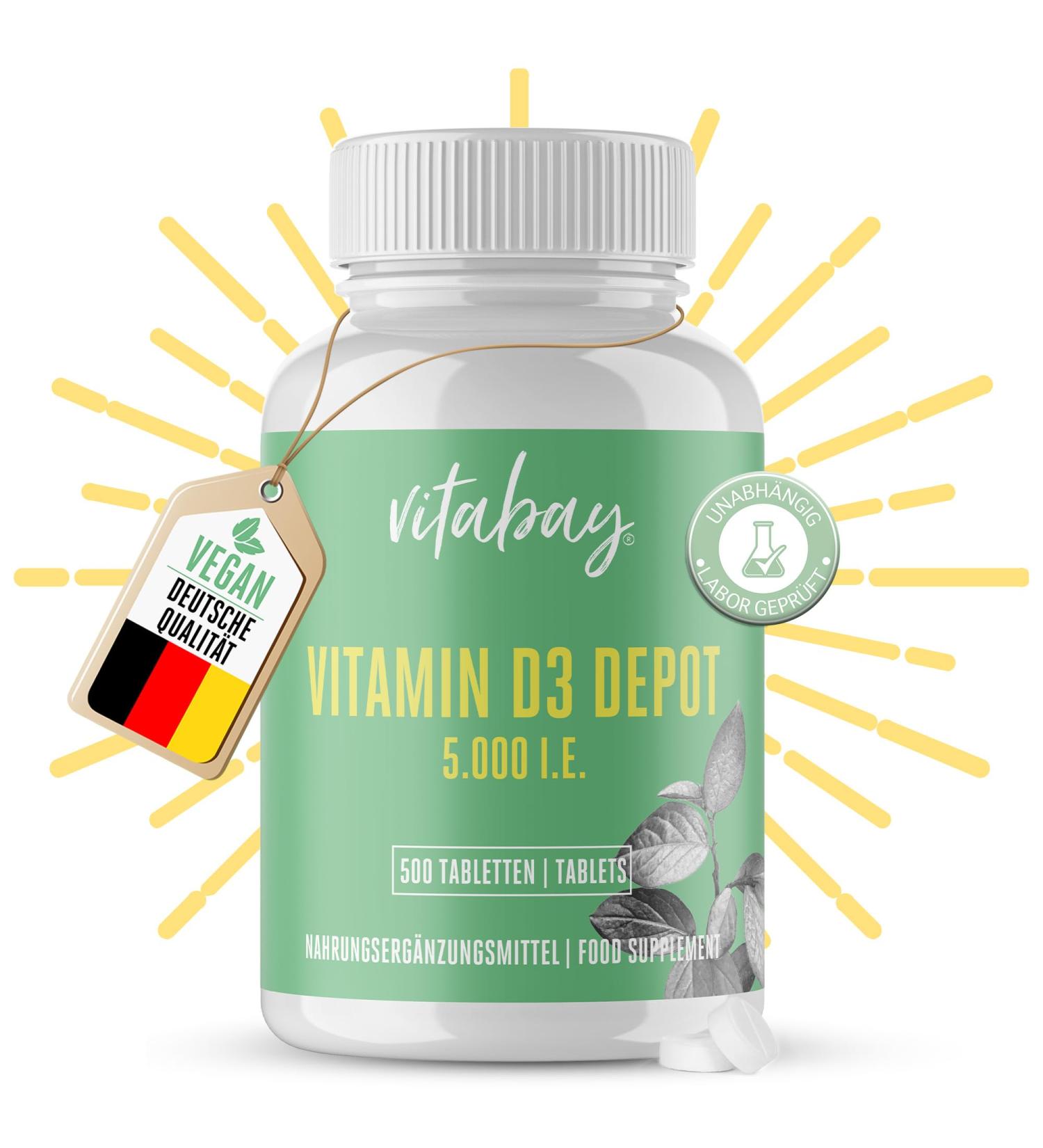 Buy Vitabay Vitamin D3 Depot 5000 I.E. - 500 Vegan Tablets | High Dose Vitamin D3 Capsules for Optimal Health - International Shipping Available - Buy Online on GoSupps.com