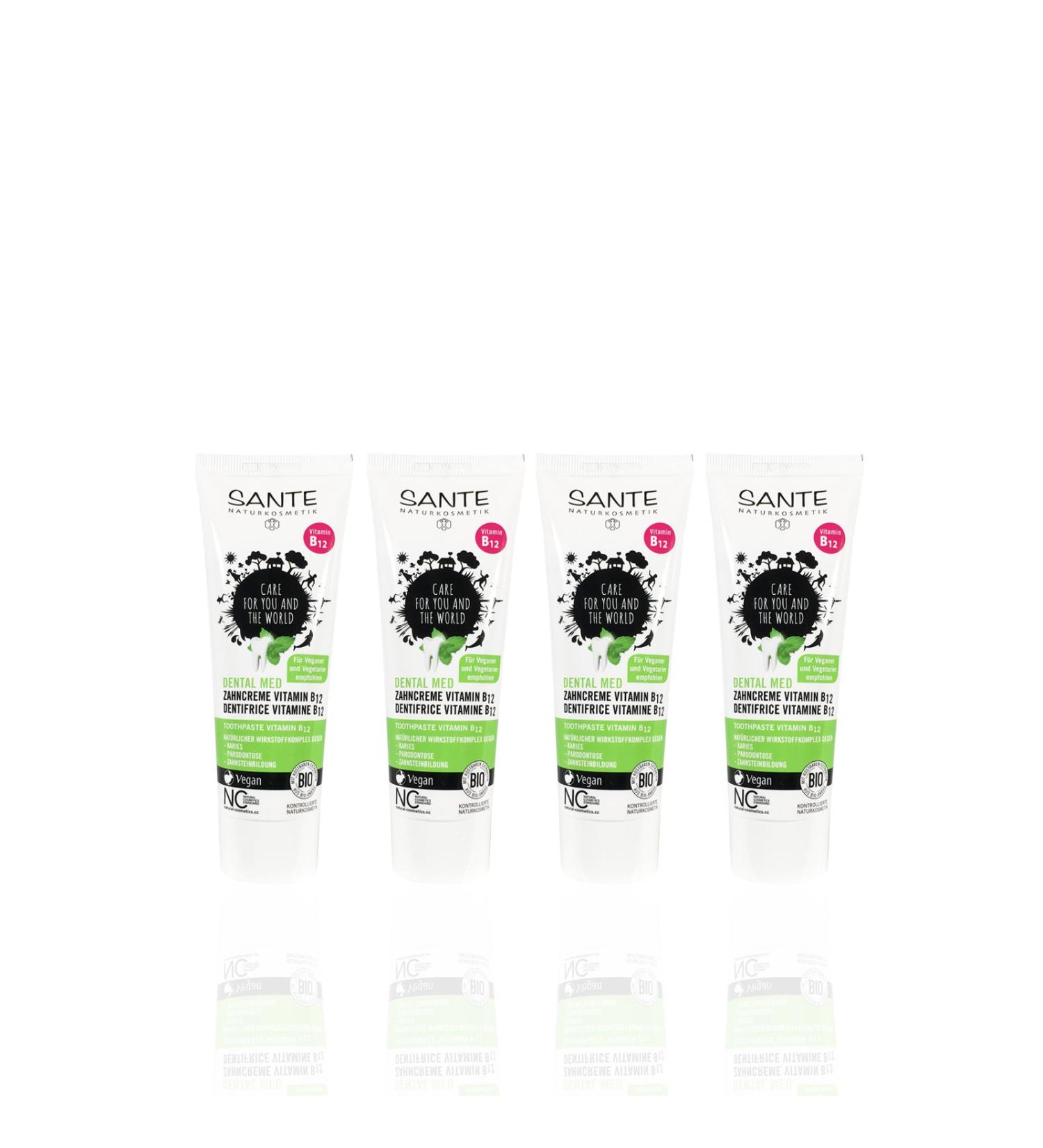 SANTE Toothpaste Vitamin B12 (4 x 75 ml) - Organic Vegan Fluoride Sage & Lemon Flavor - Natural Cosmetics - International Shipping - Buy Online on GoSupps.com