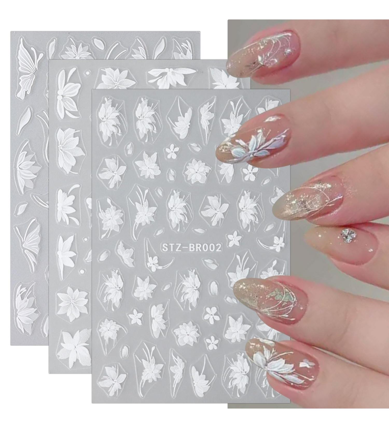 JMEOWIO 6 Sheets 3D Embossed Flower White Nail Art Stickers Decals Self-Adhesive 5D Spring Summer Floral Nail Supplies Nail Art Design Decoration Accessories - Buy Online on GoSupps.com
