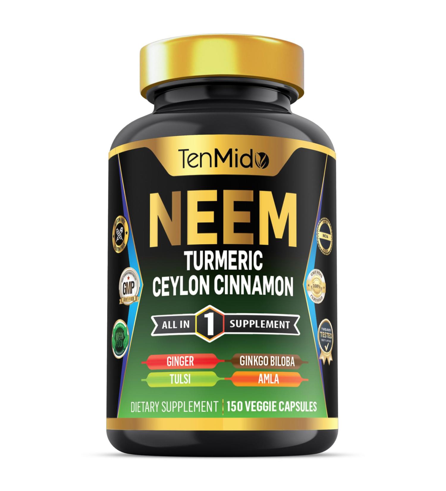 Tenmido Neem Leaf Supplement - 8in1 Formula - Combine with Turmeric Ceylon Cinnamon Ginger Tulsi Ginkgo Biloba Amla and Black Pepper - Immune Health Support - 150 Vegan Capsules - Buy Online on GoSupps.com