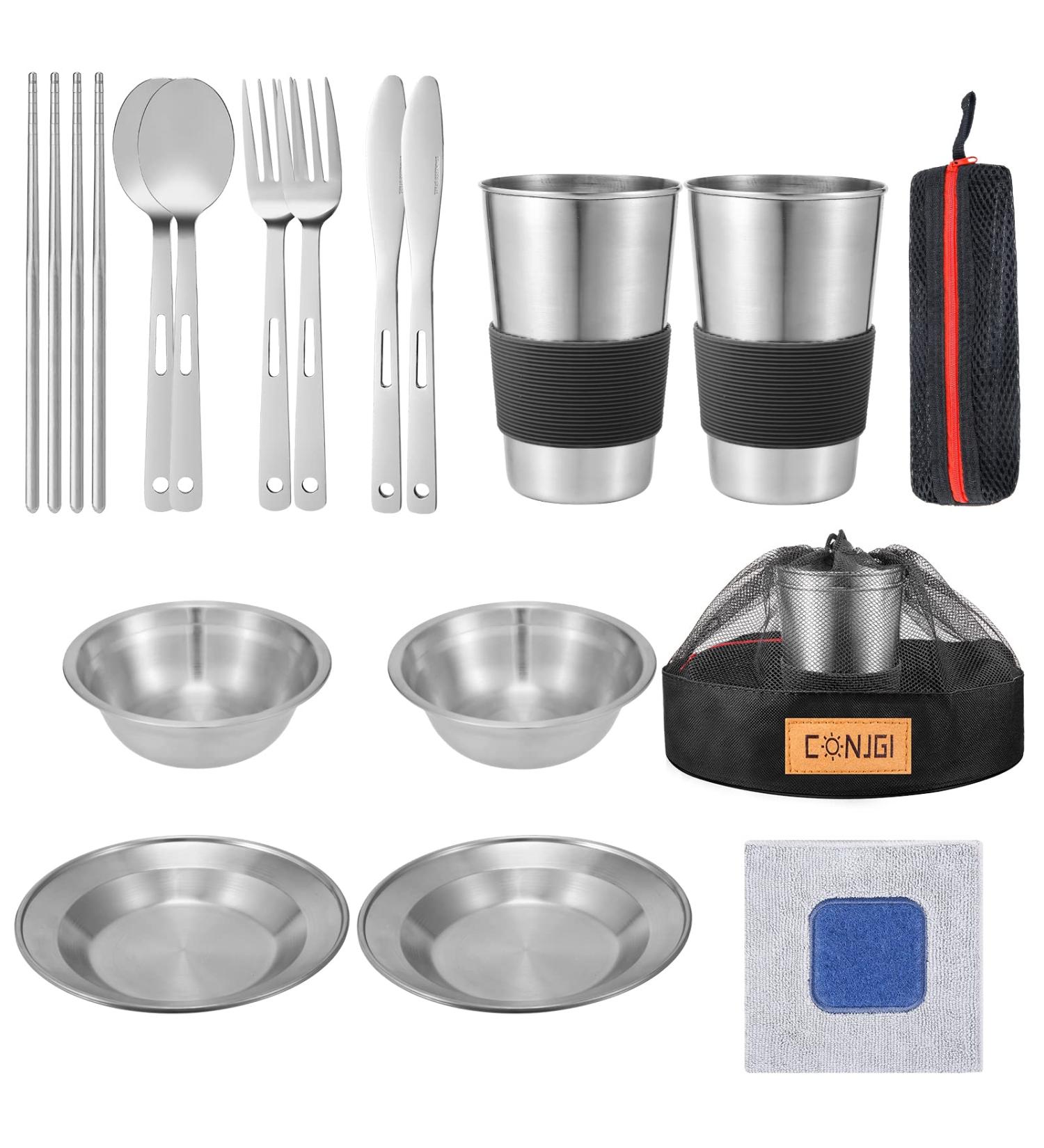 Outdoor Camping Mess Kit for 1-2 Persons - Complete Tableware Set with Cups, Bowls, Cutlery & More - Portable Camping Dinnerware in Black Mesh Bag - Buy Online on GoSupps.com