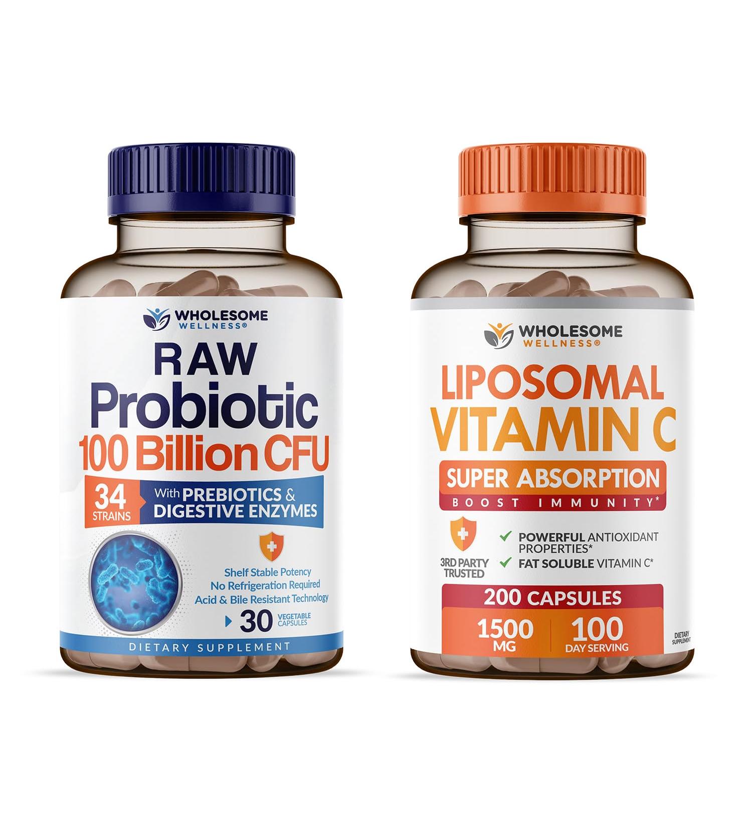 Wholesome Wellness Organic Probiotics 100 Billion CFU Dr Formulated for Women and Men + Liposomal Vitamin C Capsules (200 Pills 1500mg Buffered) High Absorption VIT C Bundle - Buy Online on GoSupps.com
