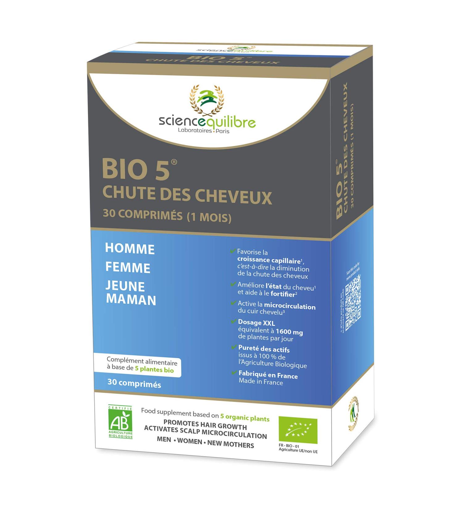 BIO 5 hair loss - 1st certified organic anti-hair loss product - Box of 30 tablets (= 1 month) - Made in France