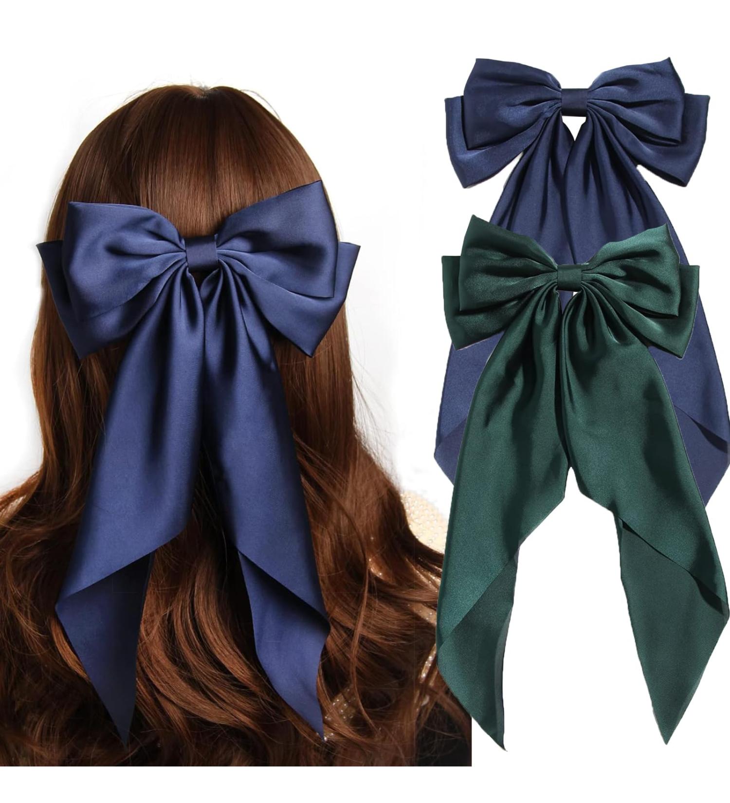2 Pcs Big Hair bow Hair Bows for Women Bow Hair Clip Elegant Solid Color French Barrette Bows For Hair With Long Silky Satin Hair Barrettes Accessories Bow Hair Clips for Women Girls(Green+Navy) - Buy Online on GoSupps.com