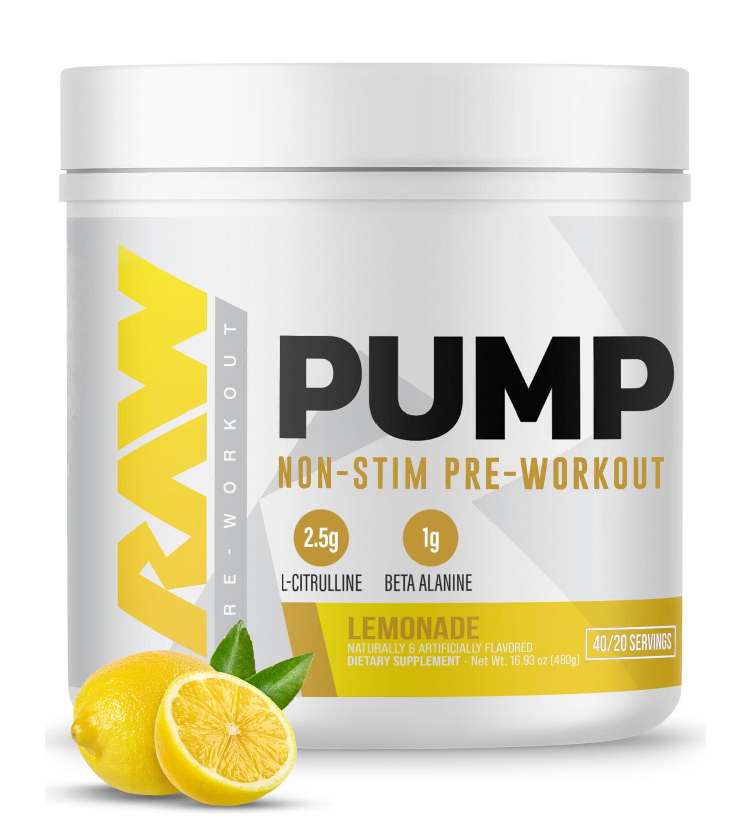 RAW Pump Stim Free Pre Workout (Champion Mentality) - Non-Stimulant Pre Workout Supplement Powder Nitric Oxide Booster - Pre Workout Supplements Drink for During Workout - 40 Servings - Buy Online on GoSupps.com
