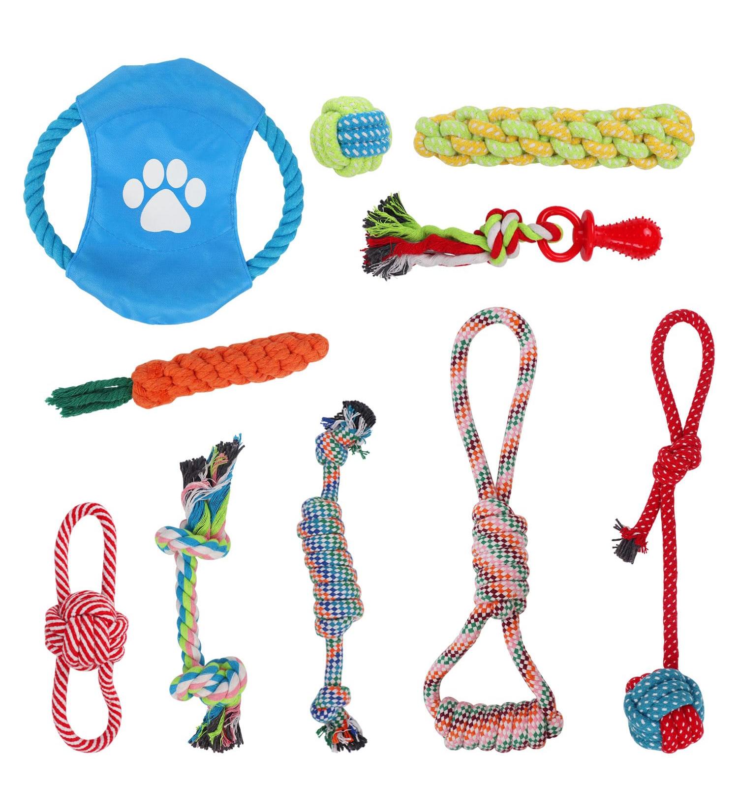 10pcs DOKI Puppy Dog Chew Toys - Strong Rope Set for Teeth Cleaning & Training - Natural Cotton Toys for Small & Medium Dogs - Buy Online on GoSupps.com
