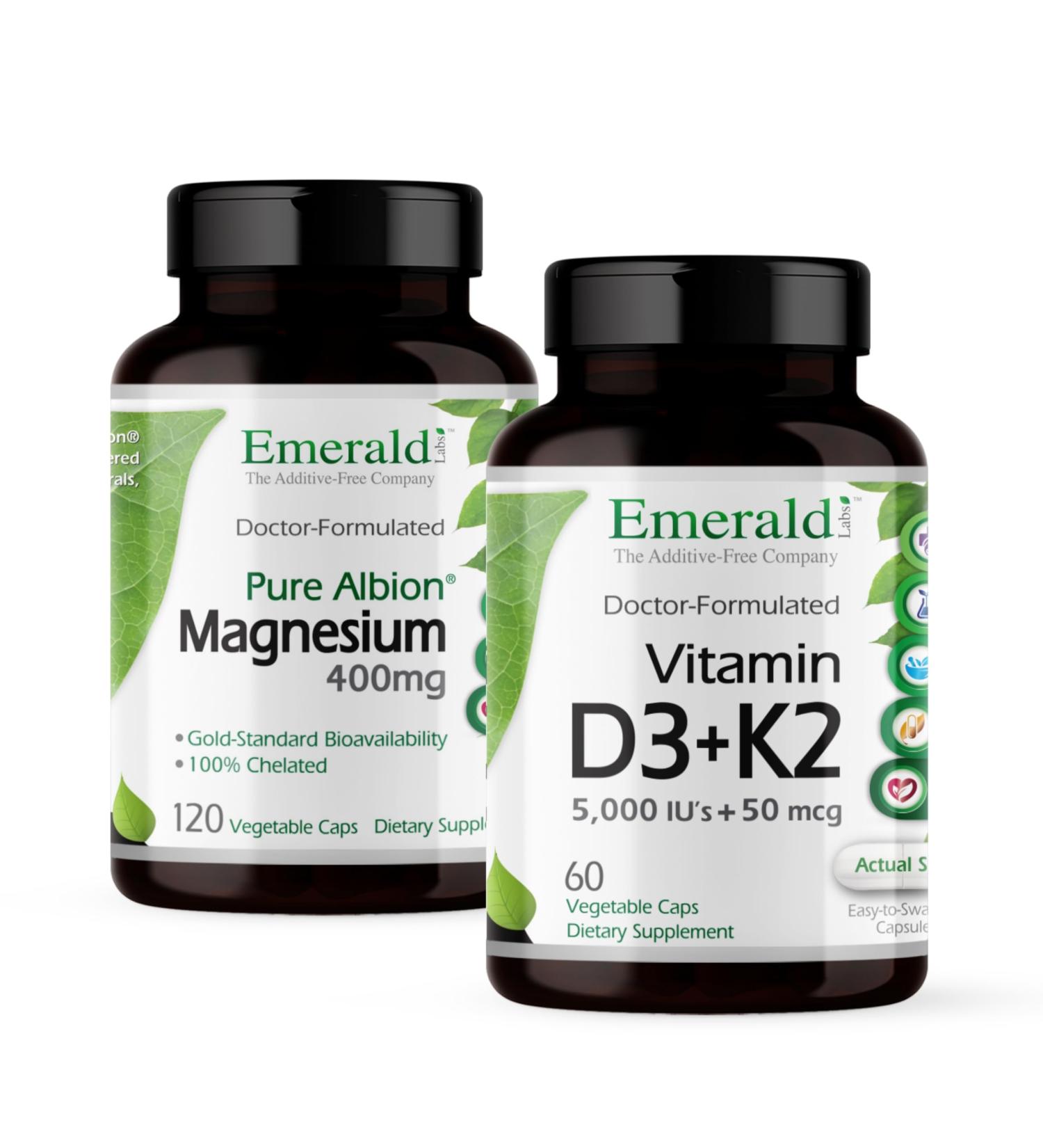 EMERALD LABS Vitamin D3+K2 (60 Caps) & Magnesium (120 Caps) - Bone Health Heart Support & Sleep Support with Vitamin D VitalDelta MK-7 & Pure Albion Magnesium - Gluten-Free - Buy Online on GoSupps.com