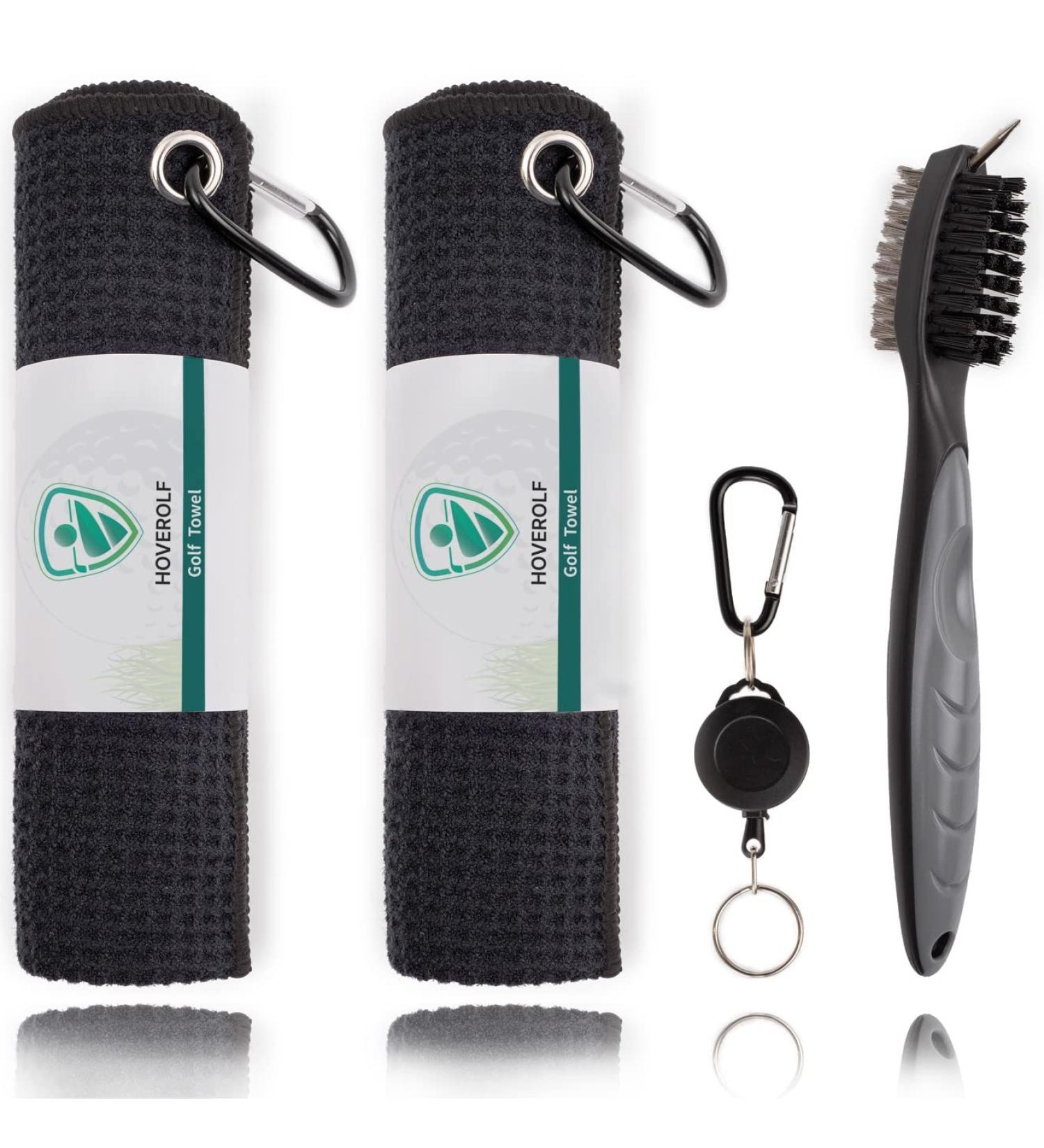 Hoverolf Golf Towel (16 X 16) with Golf Club Brush | Soft & Absorbent Microfiber | Thick Trifold Waffle Pattern | Convenient Attachment | For Men's Golf Bags | Black - Buy Online on GoSupps.com