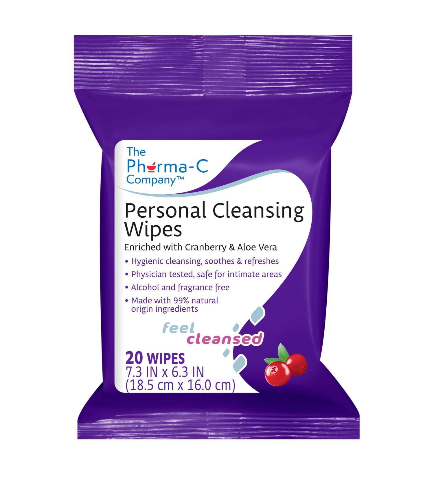 Pharma-C Personal Cleansing Wipes - 20 Feminine Intimate Hygiene Wipes with Cranberry & Aloe Vera | 99% Natural Origin - International Shipping - Buy Online on GoSupps.com
