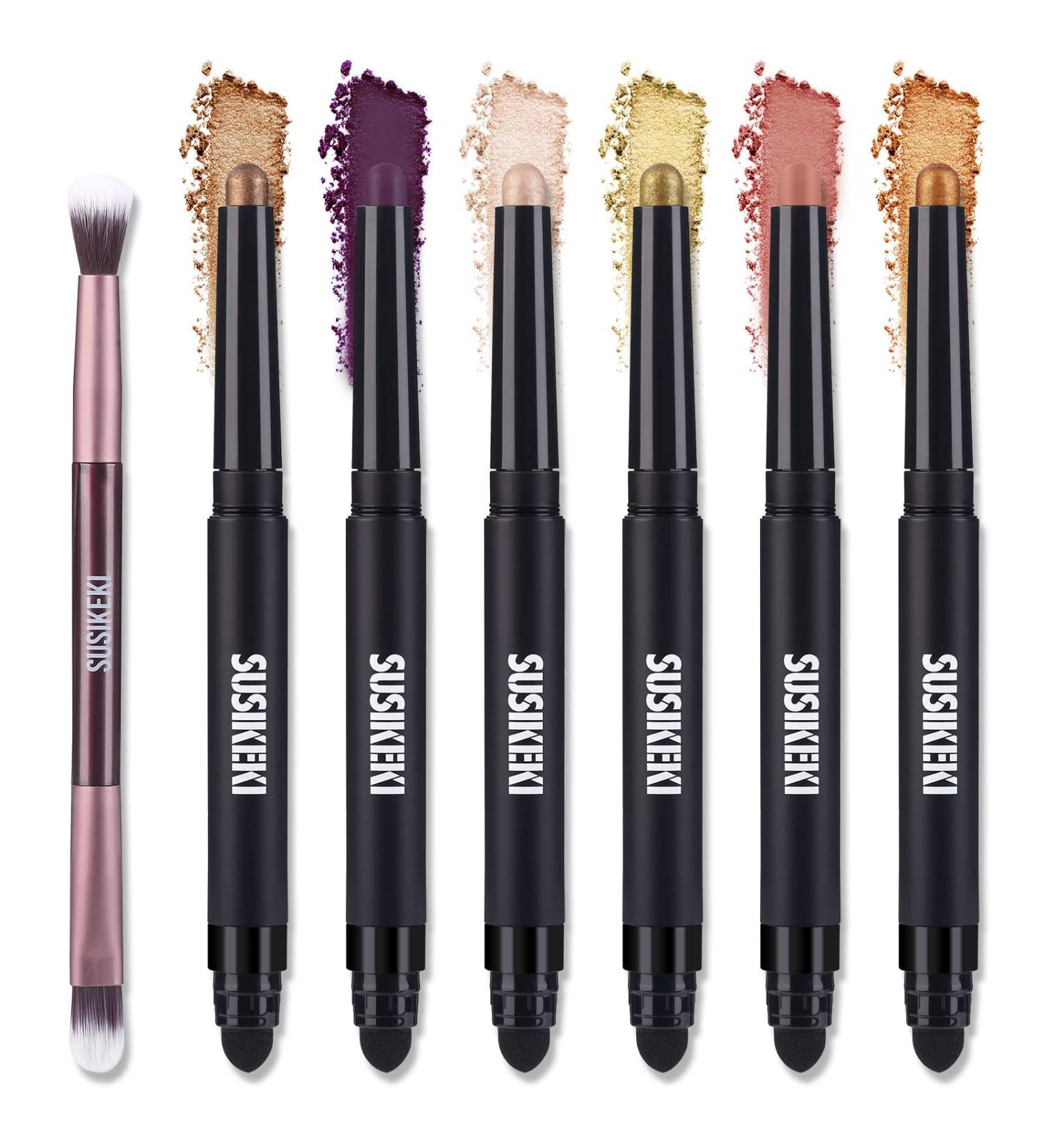 SUSIKEKI 6PCS Eyeshadow Stick Set with Eye Brush - Waterproof, Long Lasting Matte, Shimmer, Glitter Eye Shadow Highlighter Crayon Makeup Kit for Women Girls - Buy Online on GoSupps.com