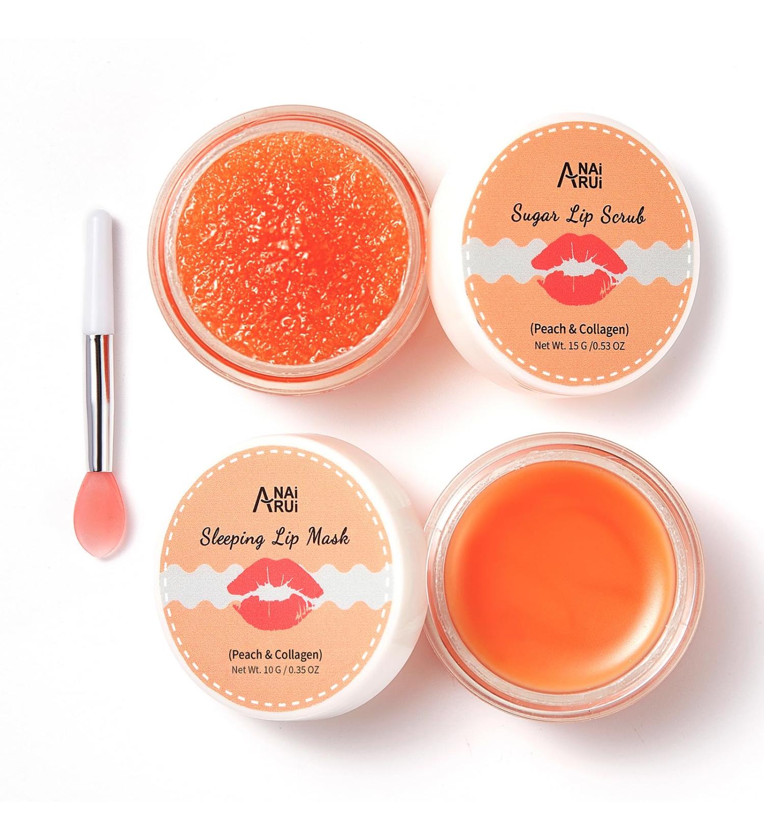 ANAiRUi Lip Mask & Scrub Set - Peach Collagen Lip Care Kit for Dry, Cracked Lips - Overnight Treatment for Lip Lines - Moisturizer & Exfoliator Sugar Scrub - Buy Online on GoSupps.com