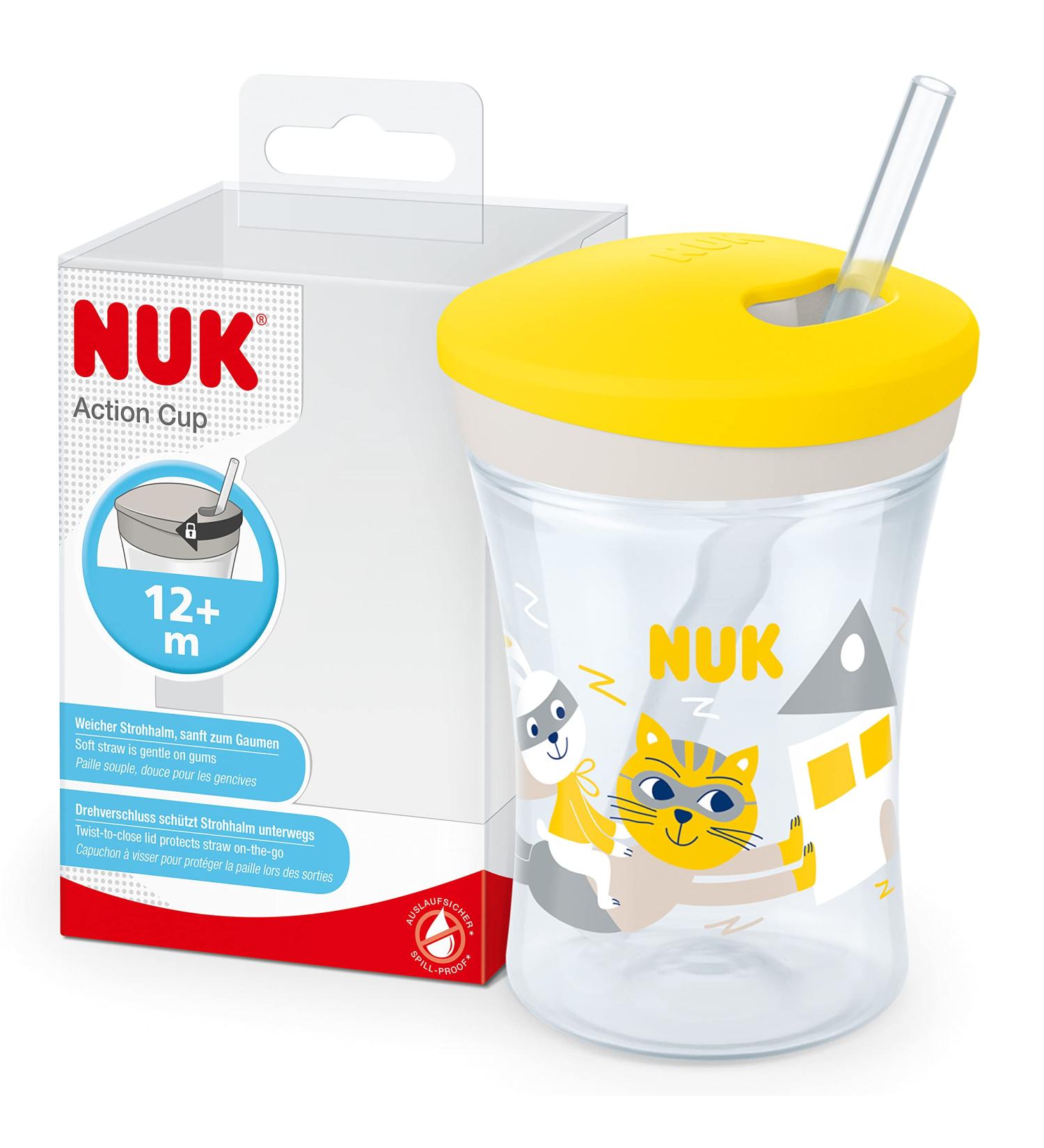 NUK Action Cup Toddler Cup | Twist Close Straw | Leak-Proof & Washable | BPA-Free | Yellow Cat 3 Piece Set - Buy Online on GoSupps.com