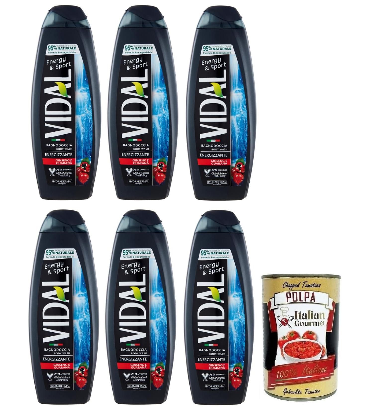  Italian Gourmet E.R. 6 x Vidal Energy & Sport Shower Gel with Ginseng and Guarana 500 ml + Italian Gourmet Tomato Pulp 400 g - Buy Online on GoSupps.com