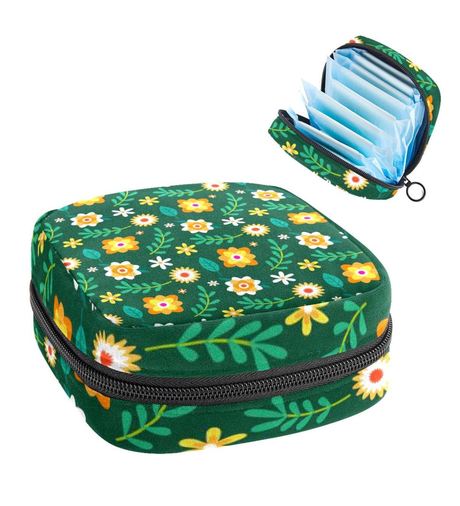 Floral Green Sanitary Napkin Storage Bag | Menstrual Cup Pouch | Nursing Pad Holder | Tampon Bags | Portable Period Bag for Women - Multi-colored - Buy Online on GoSupps.com
