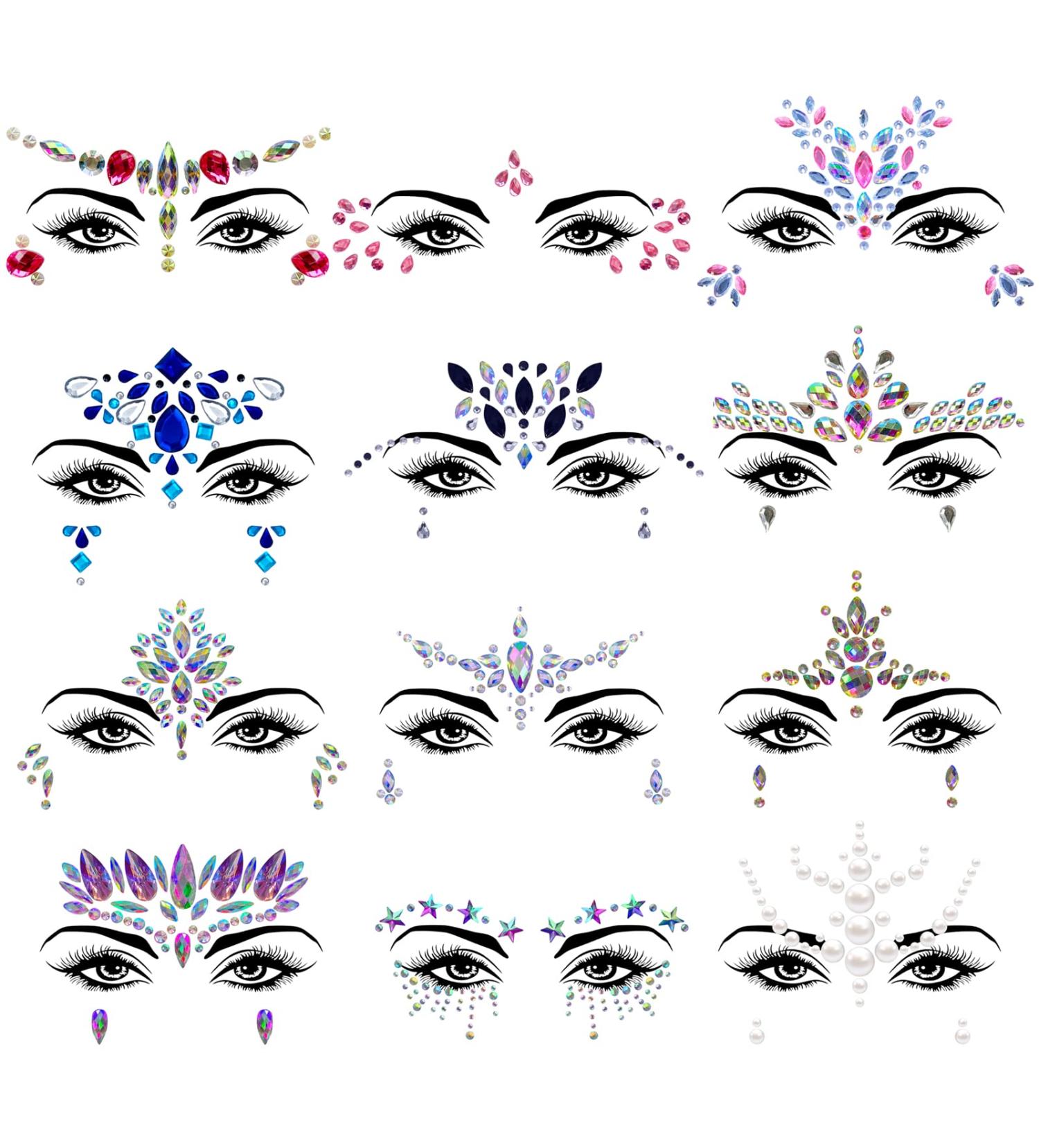 Lusy DM 12 Sets Face Gems - Rhinestone Mermaid Temporary Tattoos for Festival, Halloween & Rave Parties - Buy Online on GoSupps.com