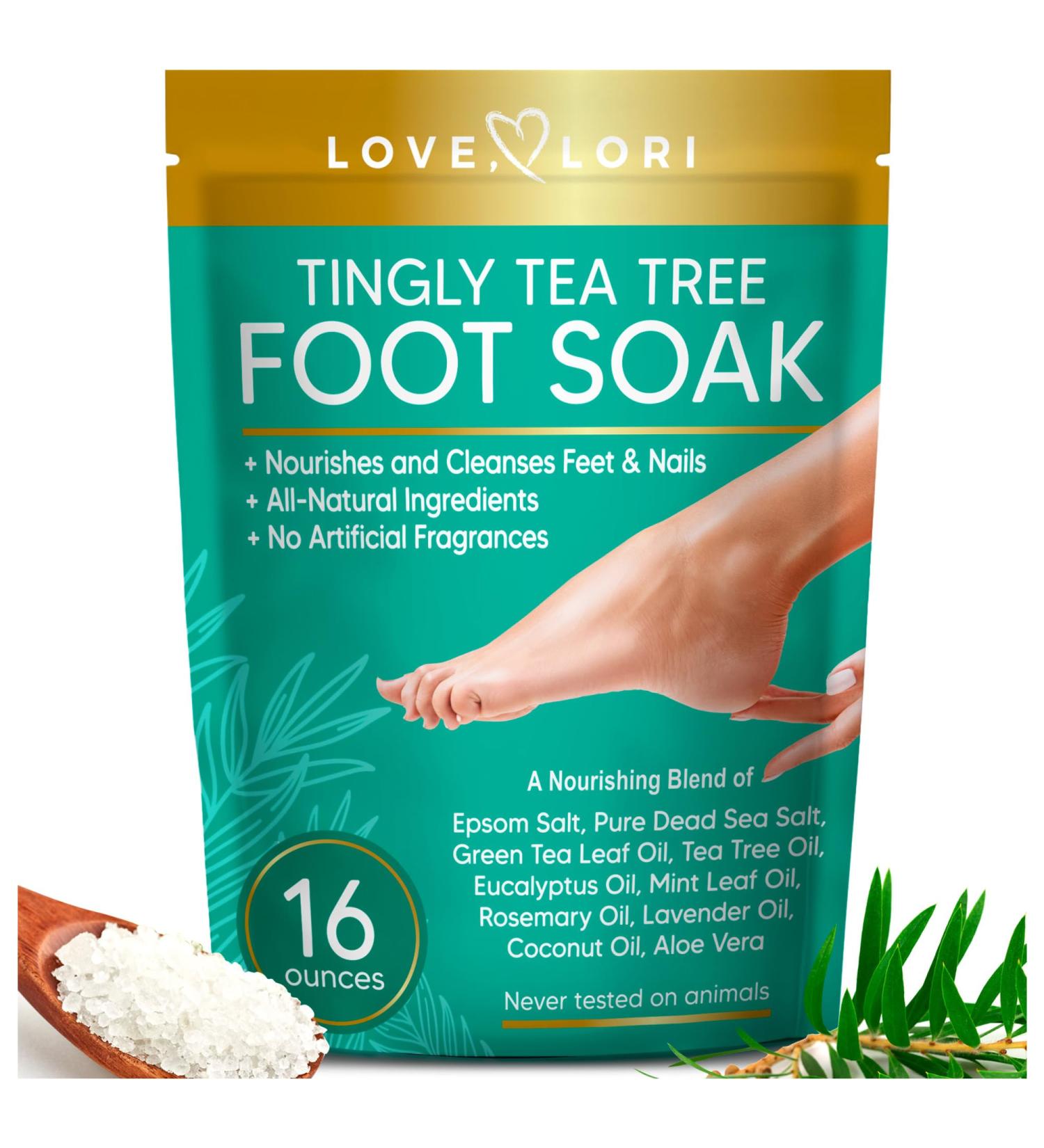 LOVE LORI Tea Tree Oil Epsom Salt Foot Soak 16oz Pedicure & Spa Soaking Salts for Dry Cracked Feet Natural Essential Oils - Buy Online on GoSupps.com