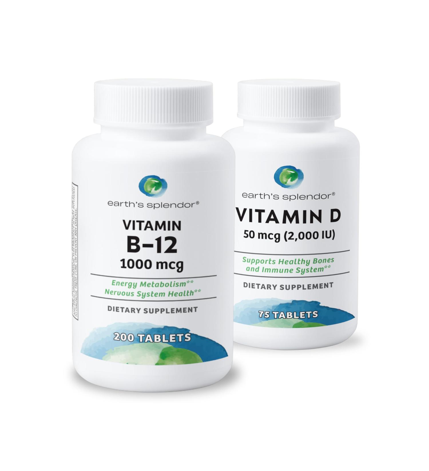 Earth's Splendor Energy + Bone & Immunity Support Energy Supplements: Vitamin B12 & Vitamin D Bundle. IU- Support Gluten Free No Artificial Colors or Flavors Helps Energy Metabolism & Immune Health - Buy Online on GoSupps.com