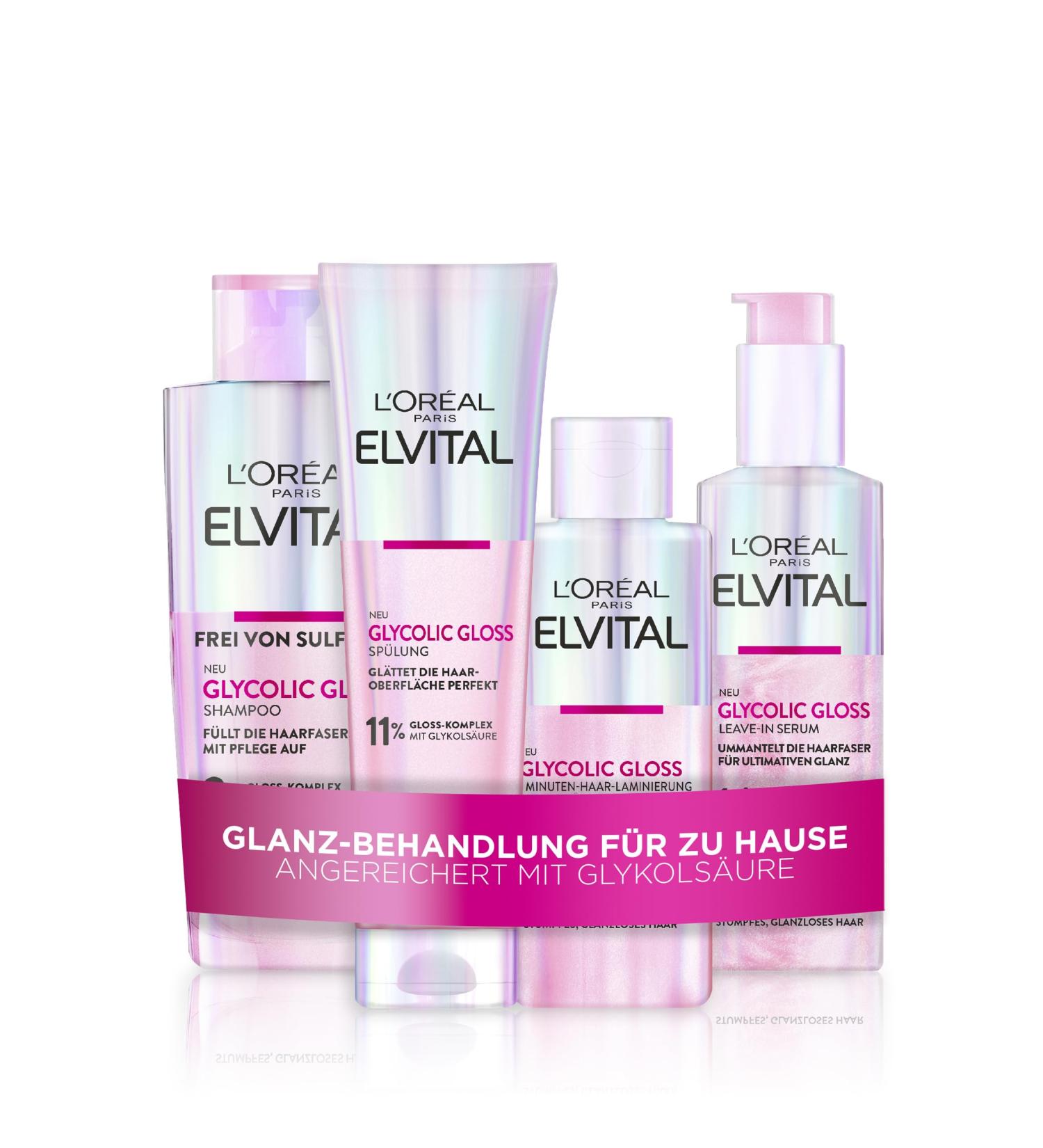 L'Or al Paris Elvital Glycolic Gloss Bundle: 4-Piece Shampoo Rinse & Serum for Luster Shine & Hair Quality Improvement | Glycolic Acid Treatment - Buy Online on GoSupps.com