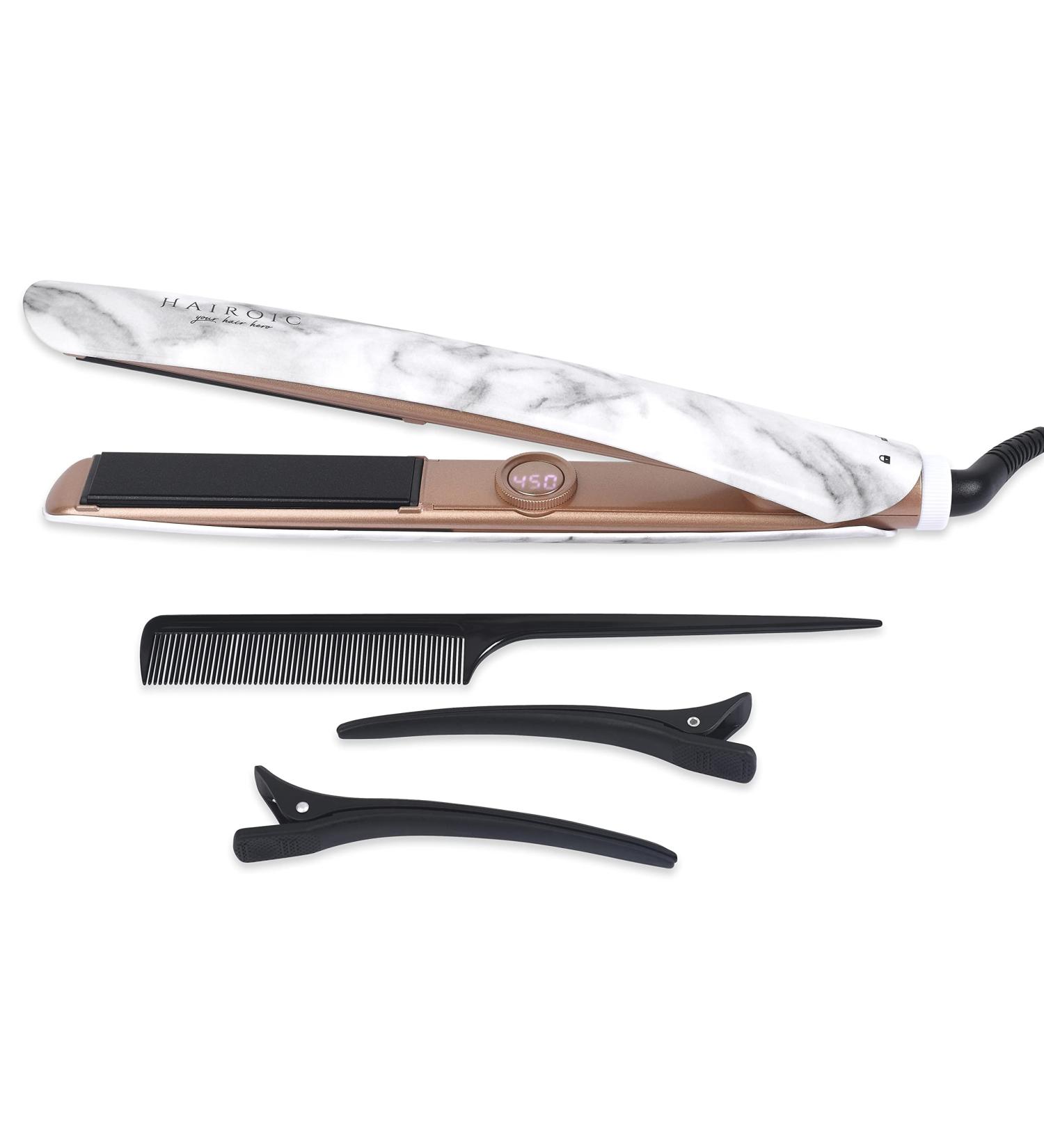 HAIROIC 1-Inch 2-in-1 Ceramic Straightener & Curler - Auto Shut Off Dual Voltage Travel Flat Iron Frizz Ease (White Marble - Buy Online on GoSupps.com