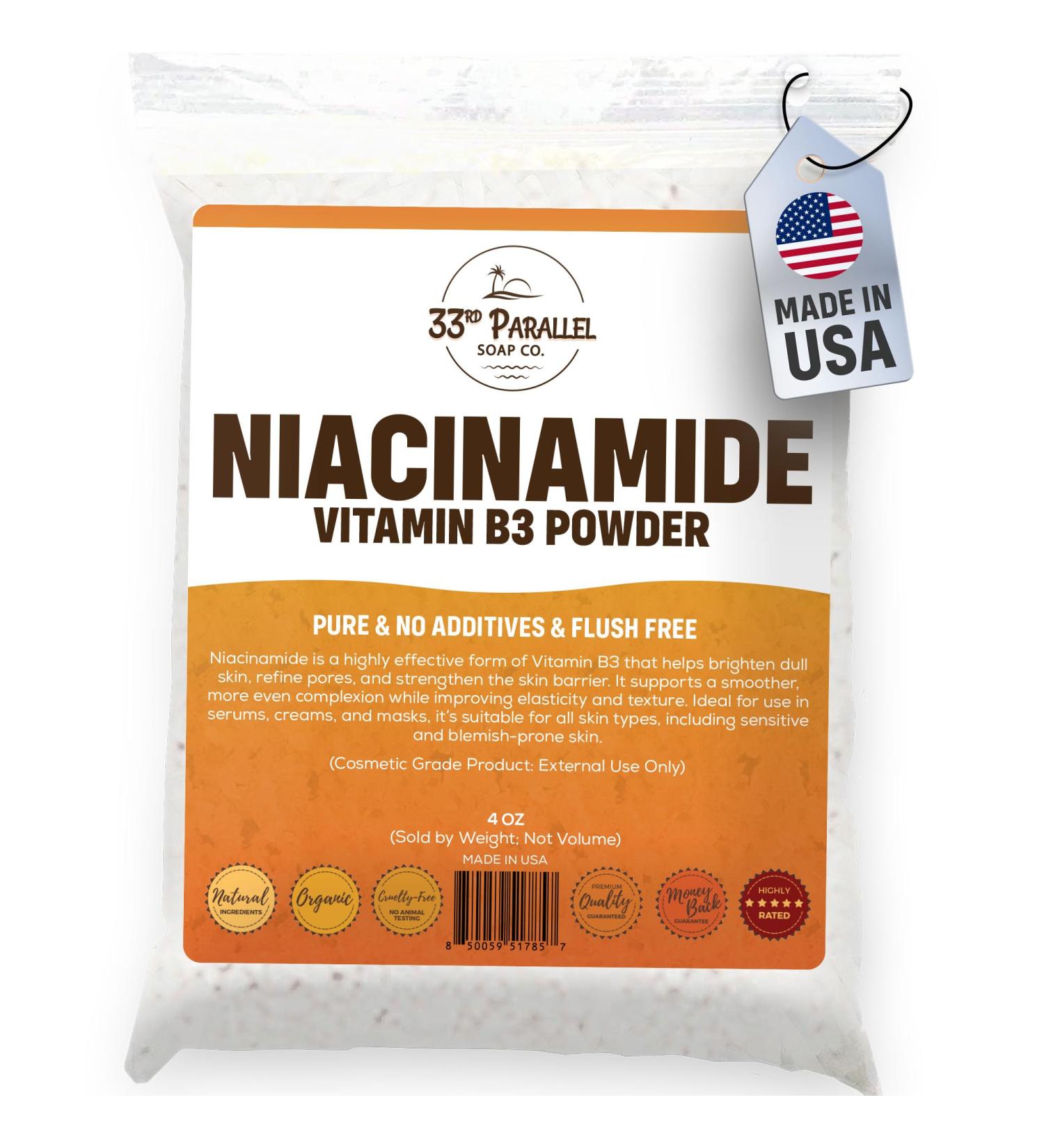 33RD PARALLEL SOAP CO. Niacinamide Powder Vitamin B3 (4oz) Brightens Skin, Reduces Dark Spots, Boosts Collagen & Hydration for Serums, Creams, Toners & DIY Skincare | 4 Ounces - Buy Online on GoSupps.com