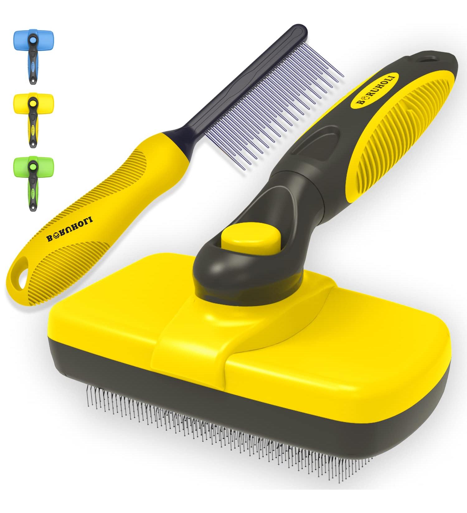 BORUHOLI Self-Cleaning Slicker Brush and Comb Kit for Dogs, Cats, and Pets - Deshedding Tools (Yellow) - Buy Online on GoSupps.com