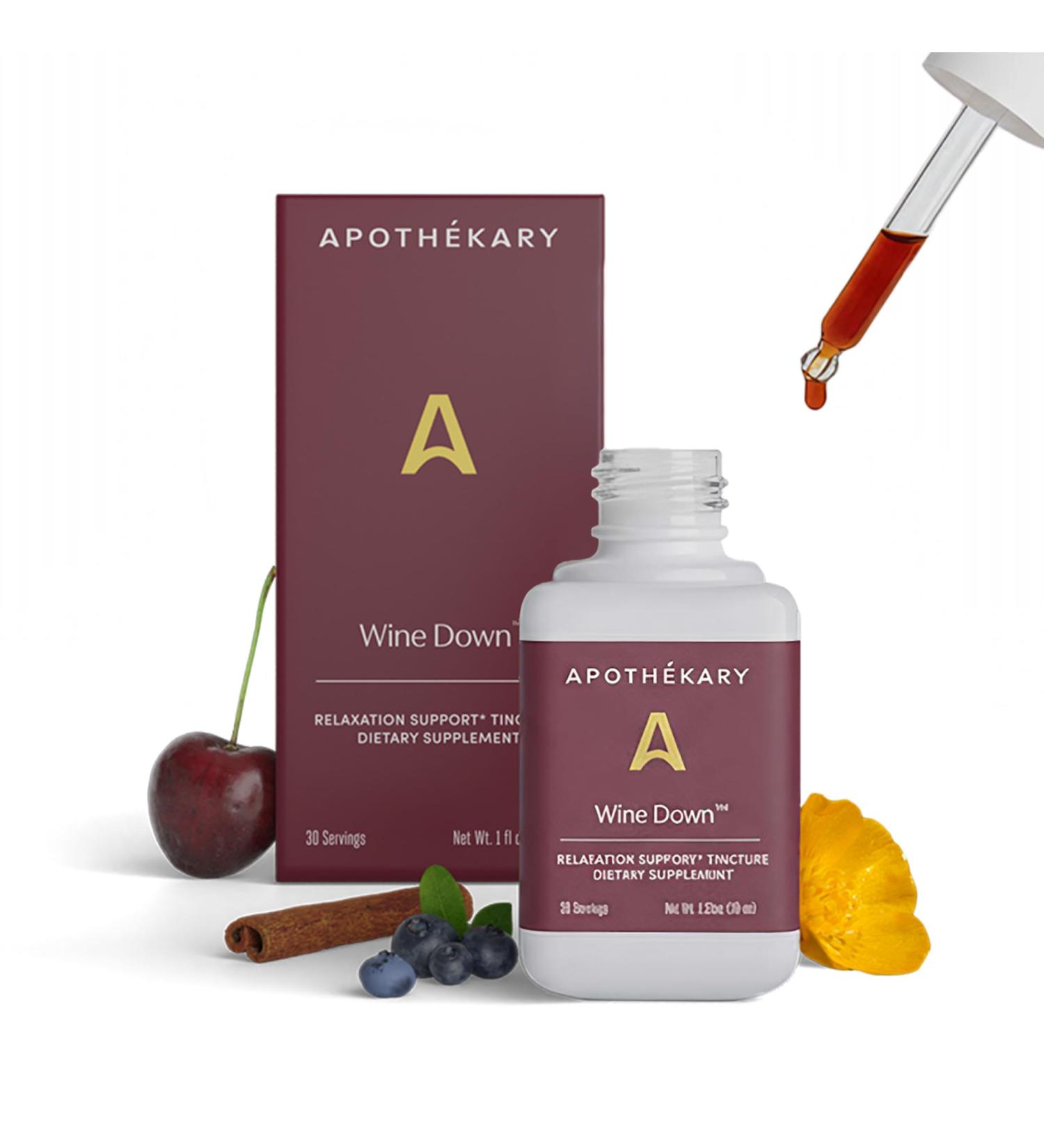 Apoth kary Wine Down Natural Sleep and Relaxation Support Alcohol-Free Red Wine-Inspired Herbal Liquid Drops Consists of Blue Vervain Tart Cherry and California Poppy 1 oz 30 Servings 30ml - Buy Online on GoSupps.com