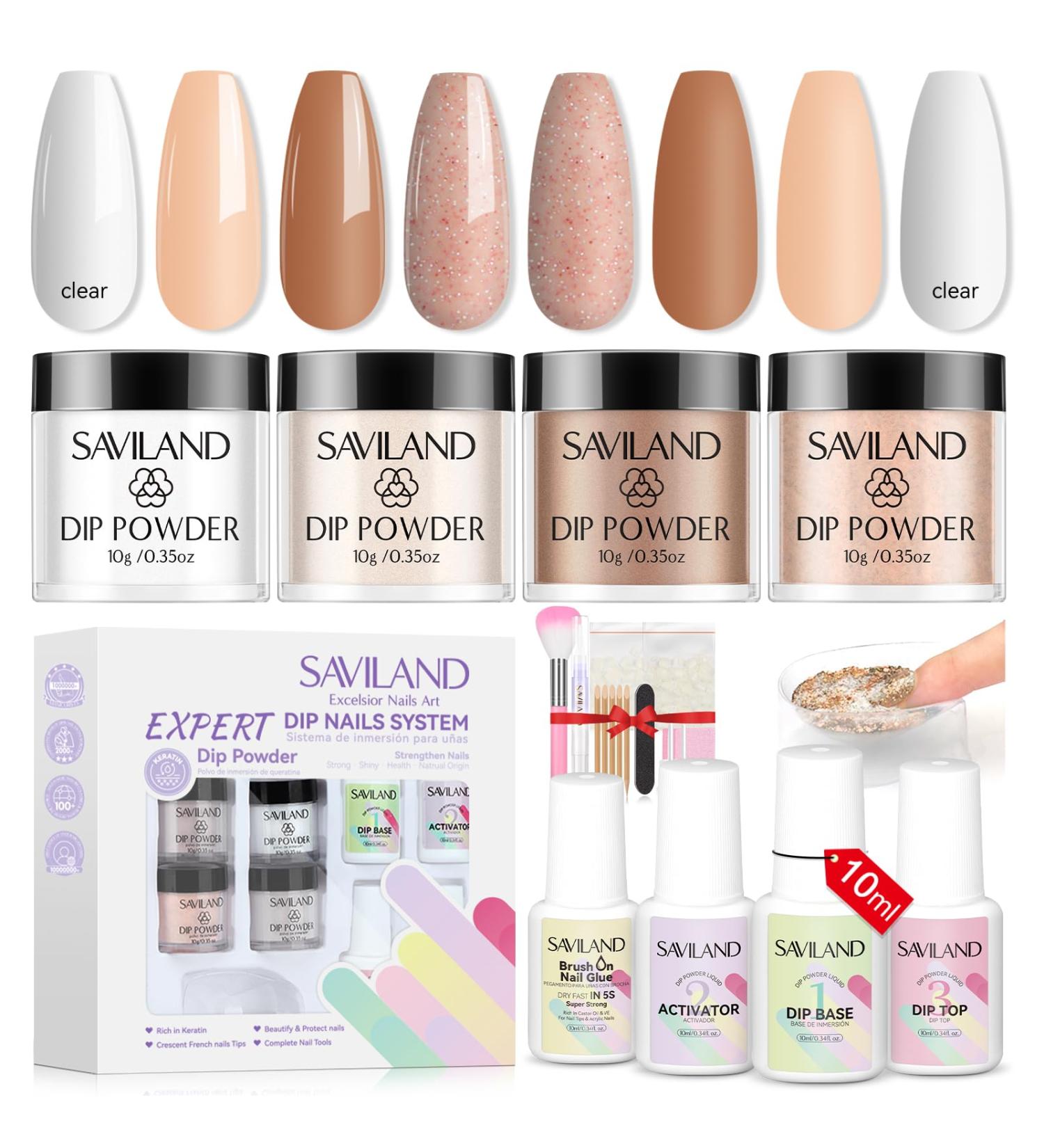Saviland Dip Powder Nail Kit - French Nail Starter Set with 4 Colors Keratin Dipping Powder, Tips, Glue, Base & Top Coat - No UV Lamp Needed - Buy Online on GoSupps.com