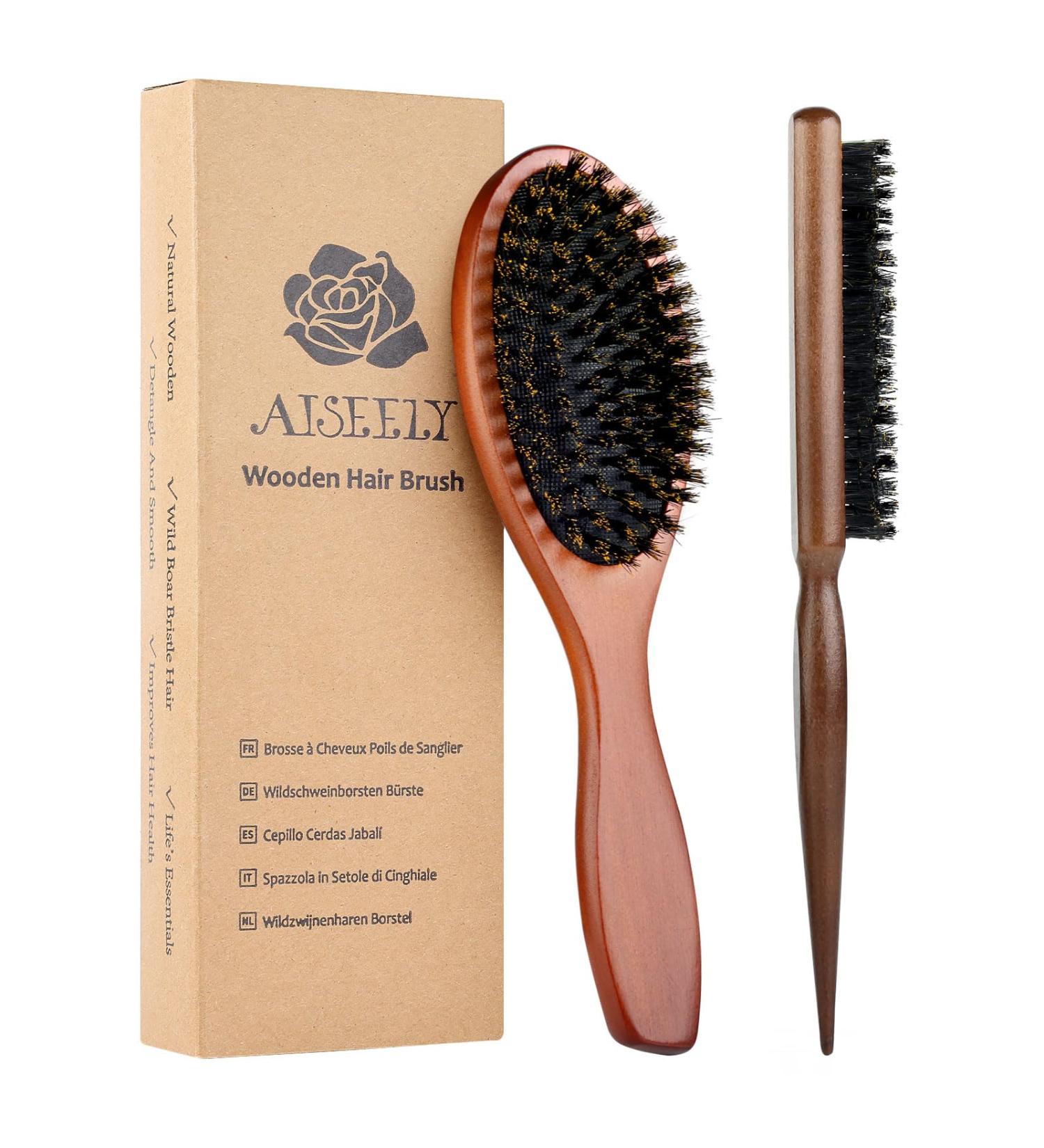 Wild Boar Brass Brush Set - Aisely 2-Piece Sleek Bun & Wooden Hair Brush for Reduced Breakage & Frizz | Professional Quality Boar Bristle | International Shipping - Buy Online on GoSupps.com