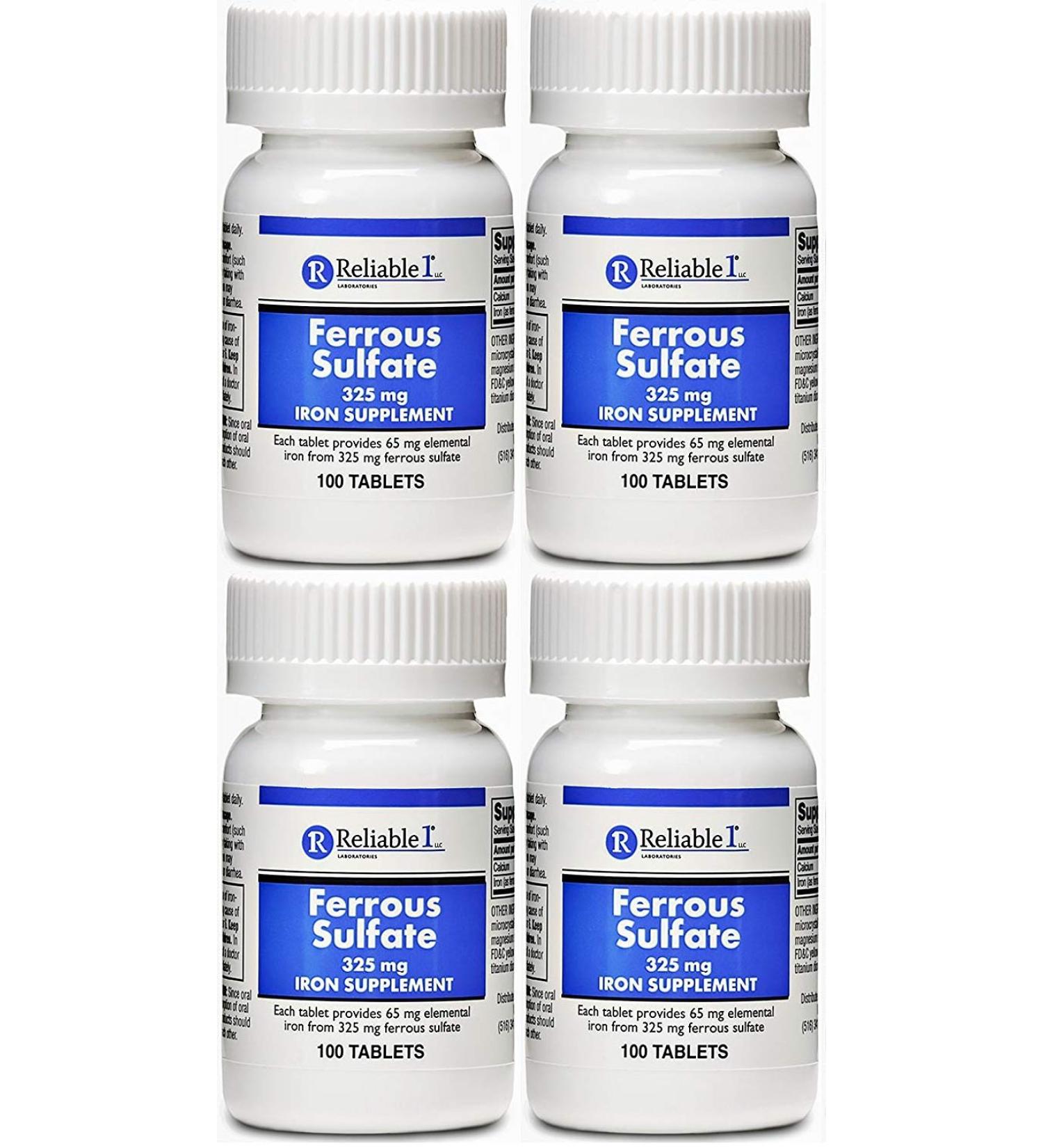 Iron Supplement Ferrous Sulfate 325mg by Reliable 1 | Iron Pills for Women and Men | Iron Supplements for Anemia and Iron Deficiency | 100 Iron Tablets per Bottle Pack of 4