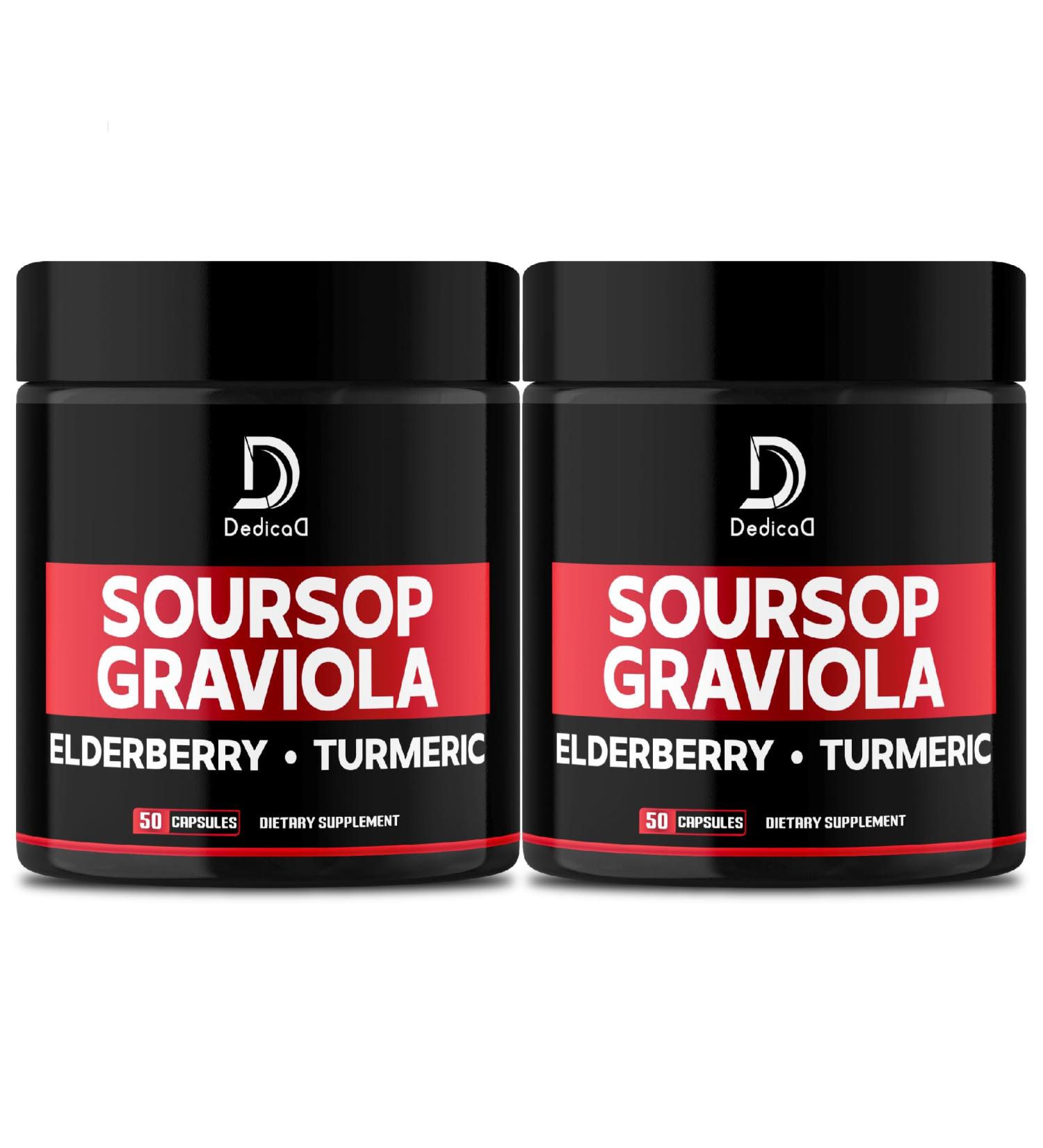 DEDICAD Graviola Soursop Leaves Capsules - 2 Packs 50 Capsules for 100-Day Supply - 11in1 Extract with Elderberry, Turmeric, Ginger, Milk Thistle, Cranberry & More - Support Mood, Immune & Body Health - Buy Online on GoSupps.com