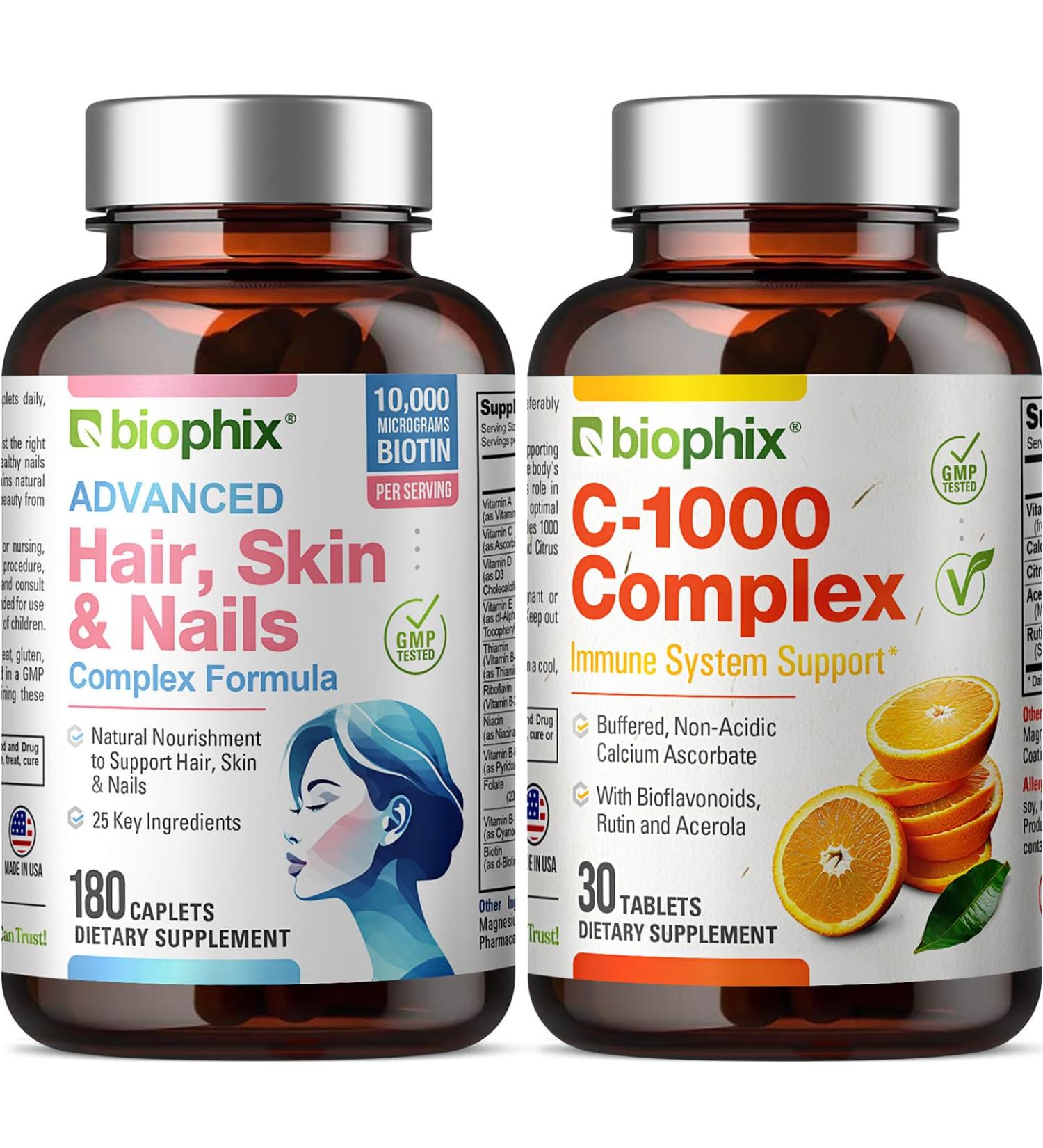 Hair Skin and Nails Complex 180 Caplets with 10000 mcg Biotin - Free Vitamin C-1000 30 Tablets - Multivitamin Supports Strong Nails Beautiful Hair Healthy Aging - Buy Online on GoSupps.com
