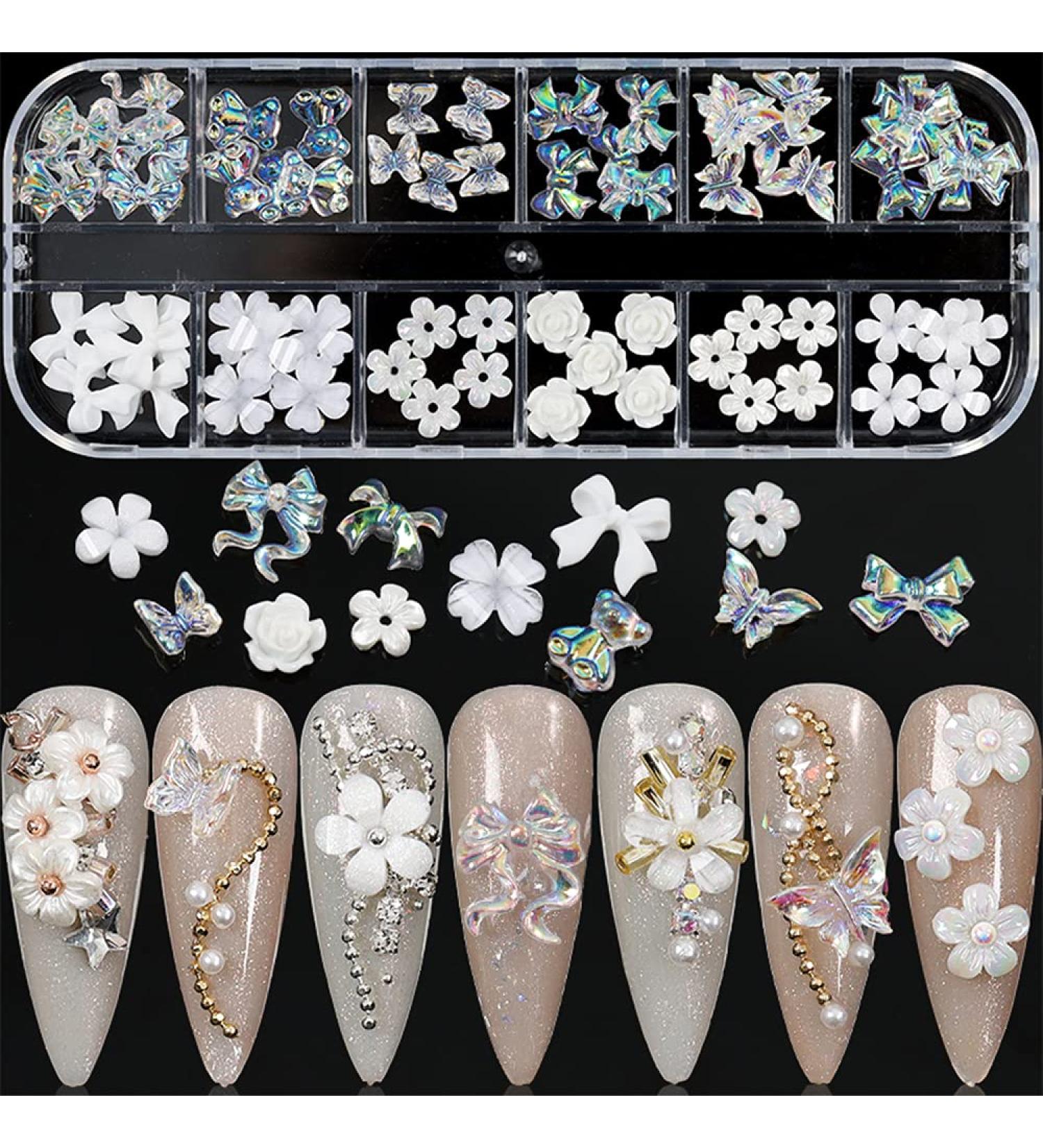 60pcs Flower Nail Art Charms Decoration | Glitter Butterfly & White Flower Decals | 3D Nail Stickers for Women - Buy Online on GoSupps.com