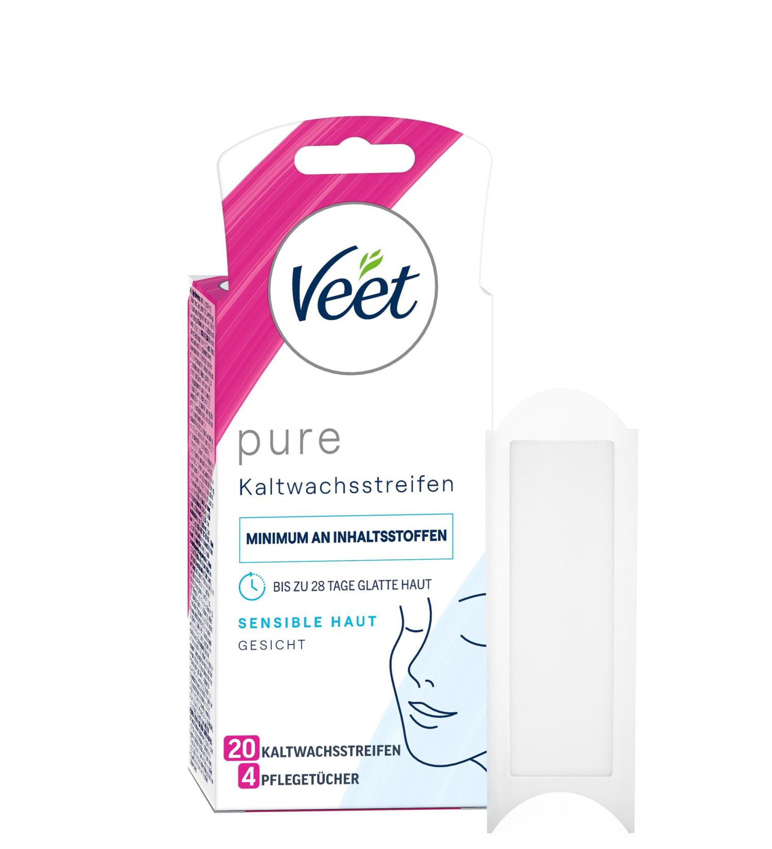 Veet Pure Cold Wax Strips for Sensitive Skin - Smooth Skin Up to 28 Days - 10 Double Strips (20 Individual) for Face Use - Buy Online on GoSupps.com